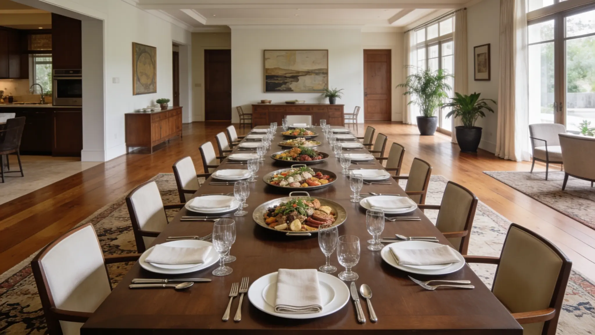 Large dining table for group seating in open dining room