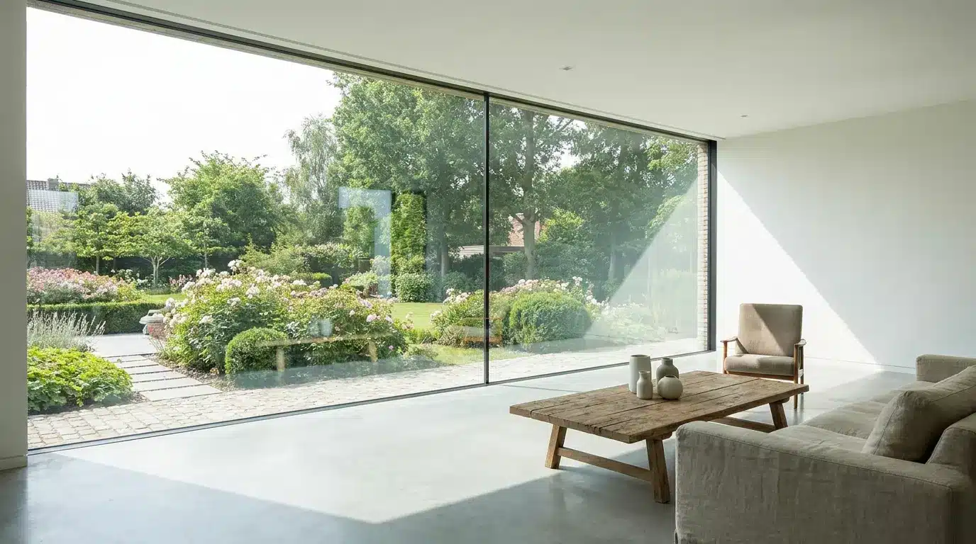large picture window in living room framing an outdoor view with bright natural light