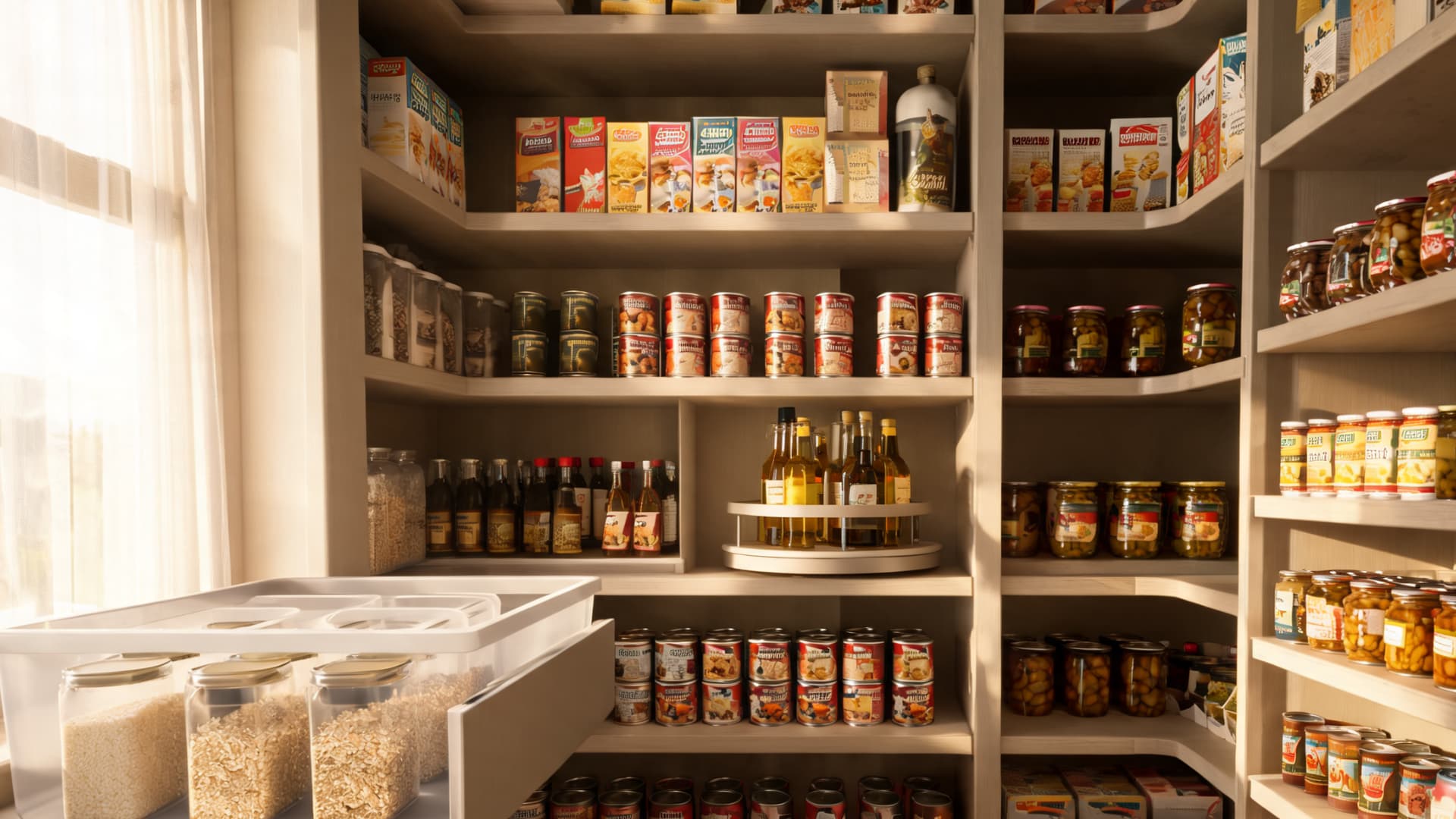 large walk in pantry with deep shelves canned goods jars cereal boxes and dry food bins