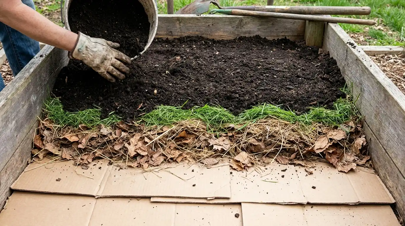 lasagna gardening method in a raised bed with cardboard, leaves, grass clippings, compost, and topsoil layers.