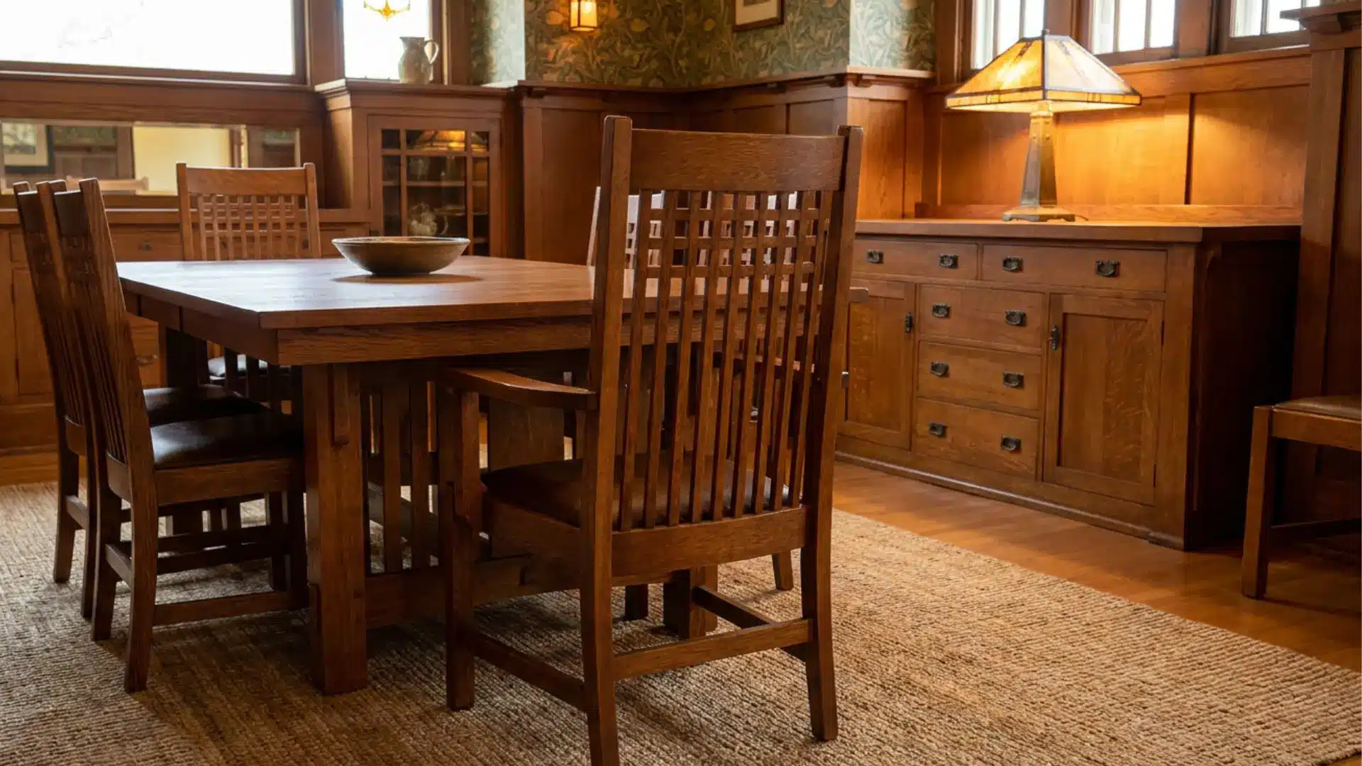 lattice back wooden dining chair in craftsman dining room with geometric grid design warm natural style