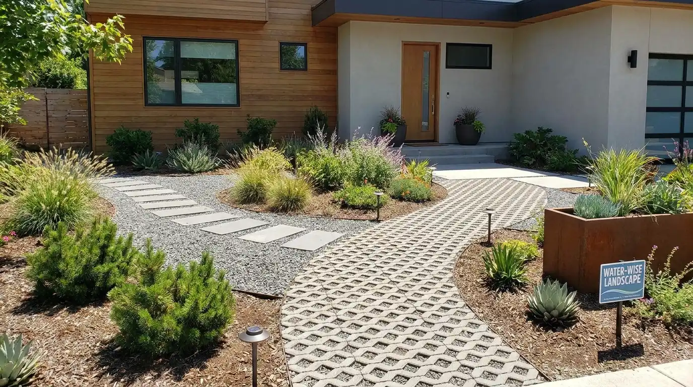 lawn-free modern front yard with permeable paving, gravel pockets, grasses, and low shrubs by entry path