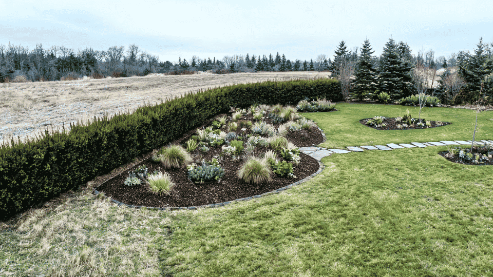 layered mixed border in mild garden with repeated colors and overhead yard layout view