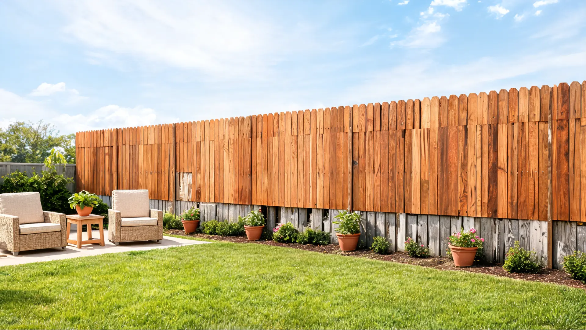 layered wood fence over an old fence with fresh boards, added privacy, and a neat backyard seating area