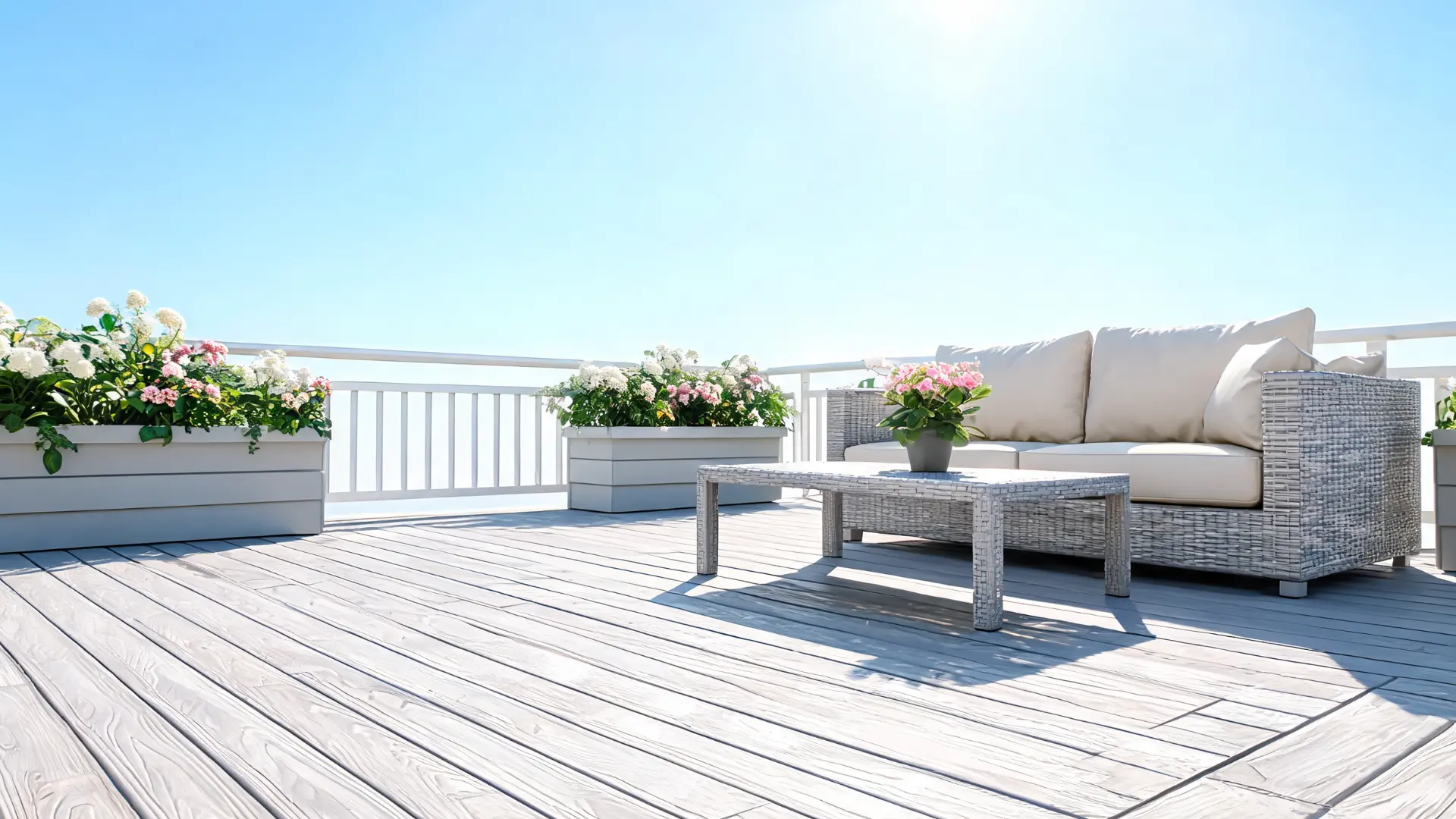 light-colored composite or PVC deck under full sun and outdoor furniture