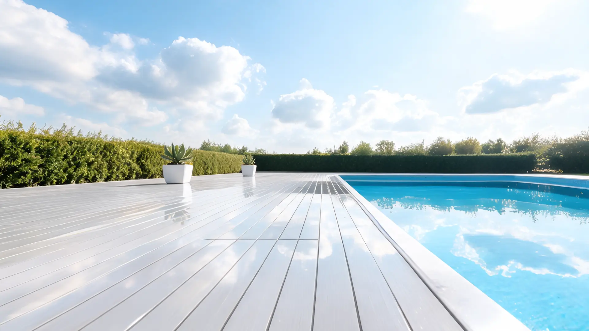 light-colored PVC deck next to a swimming pool with smooth surface and reflections of water