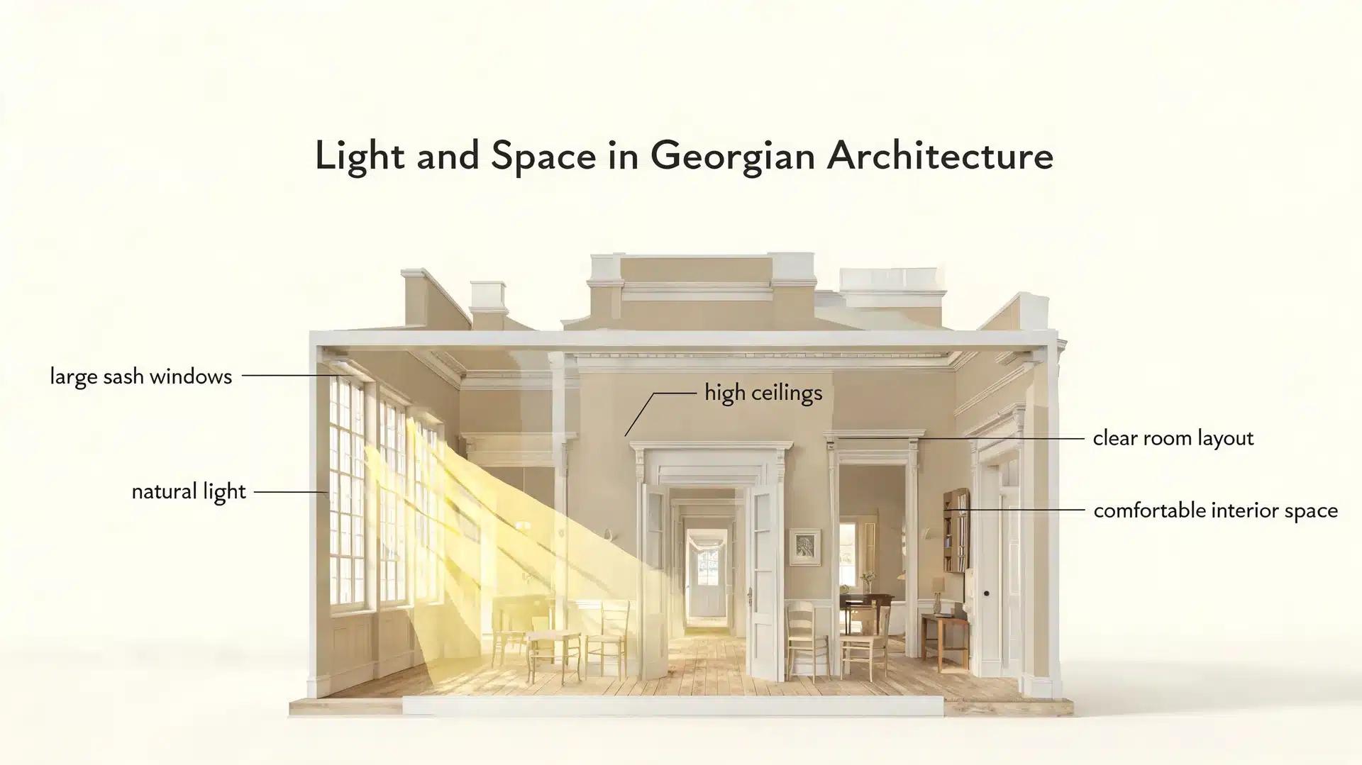 Light and space diagram of Georgian architecture showing tall sash windows, high ceilings, daylight flow, and a clear room layout.