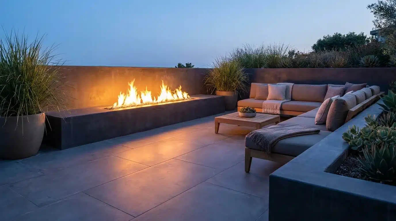 linear fire feature built into a low wall beside modern lounge seating, paving, and evening lights outside