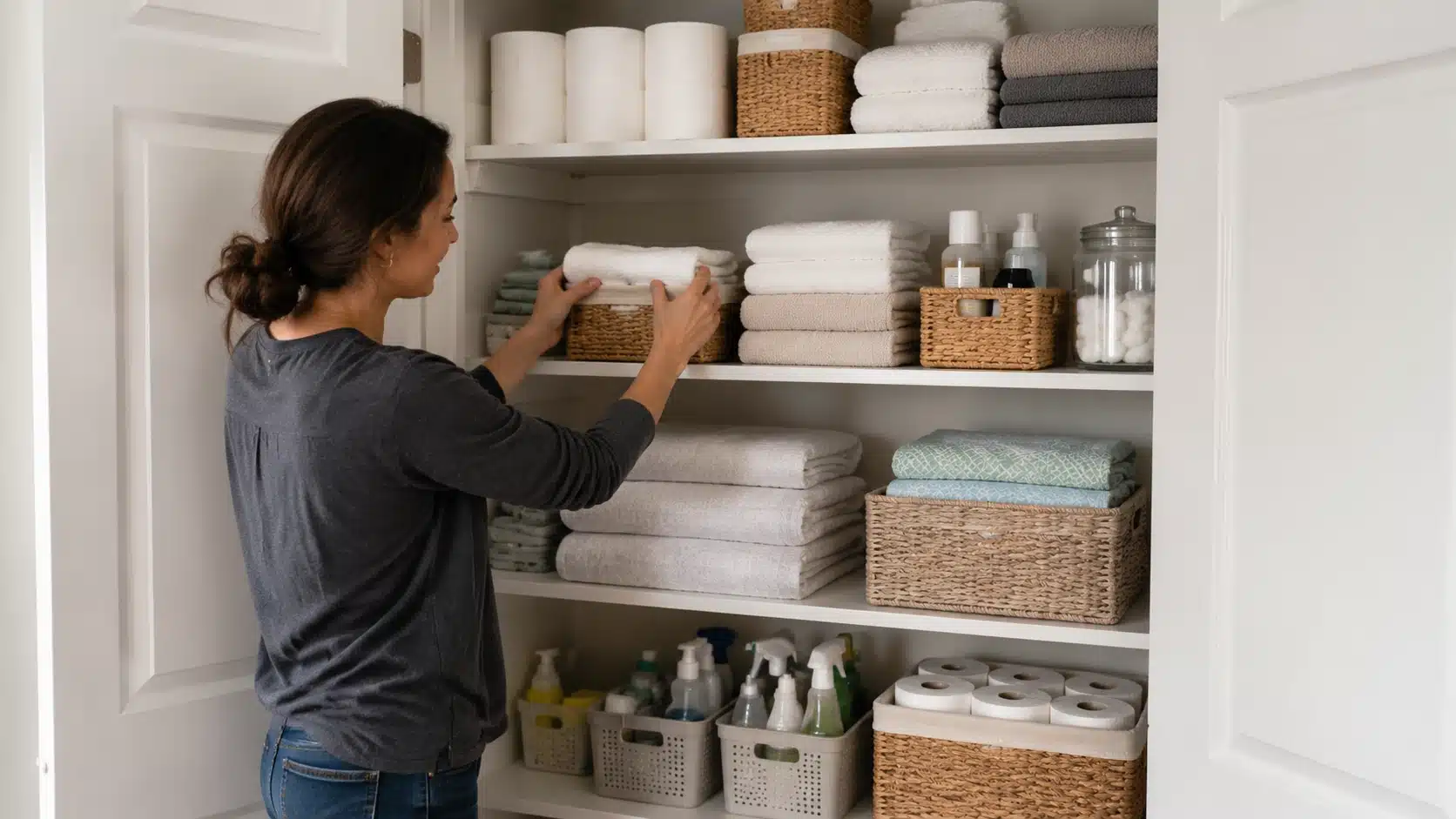 linen closet for diy home projects showing folded towels, baskets, cleaning supplies, and a person arranging items