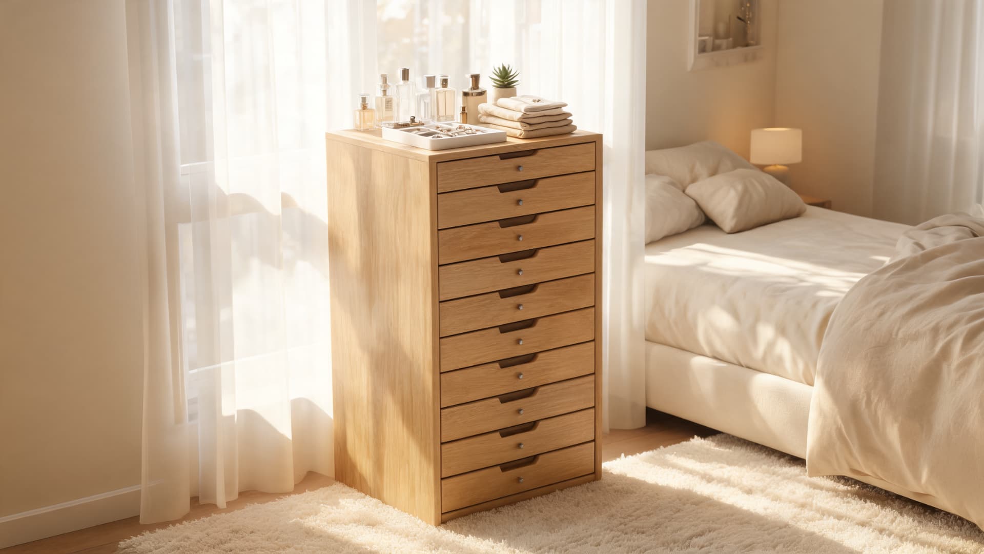 tall narrow lingerie chest with multiple slim drawers for organizing small accessories in a cozy sunlit bedroom corner