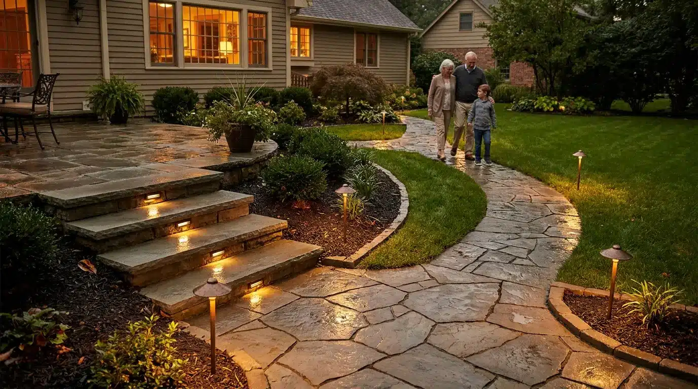 lit garden paths and stable steps make outdoor movement safer after rain and during evening hours for guests