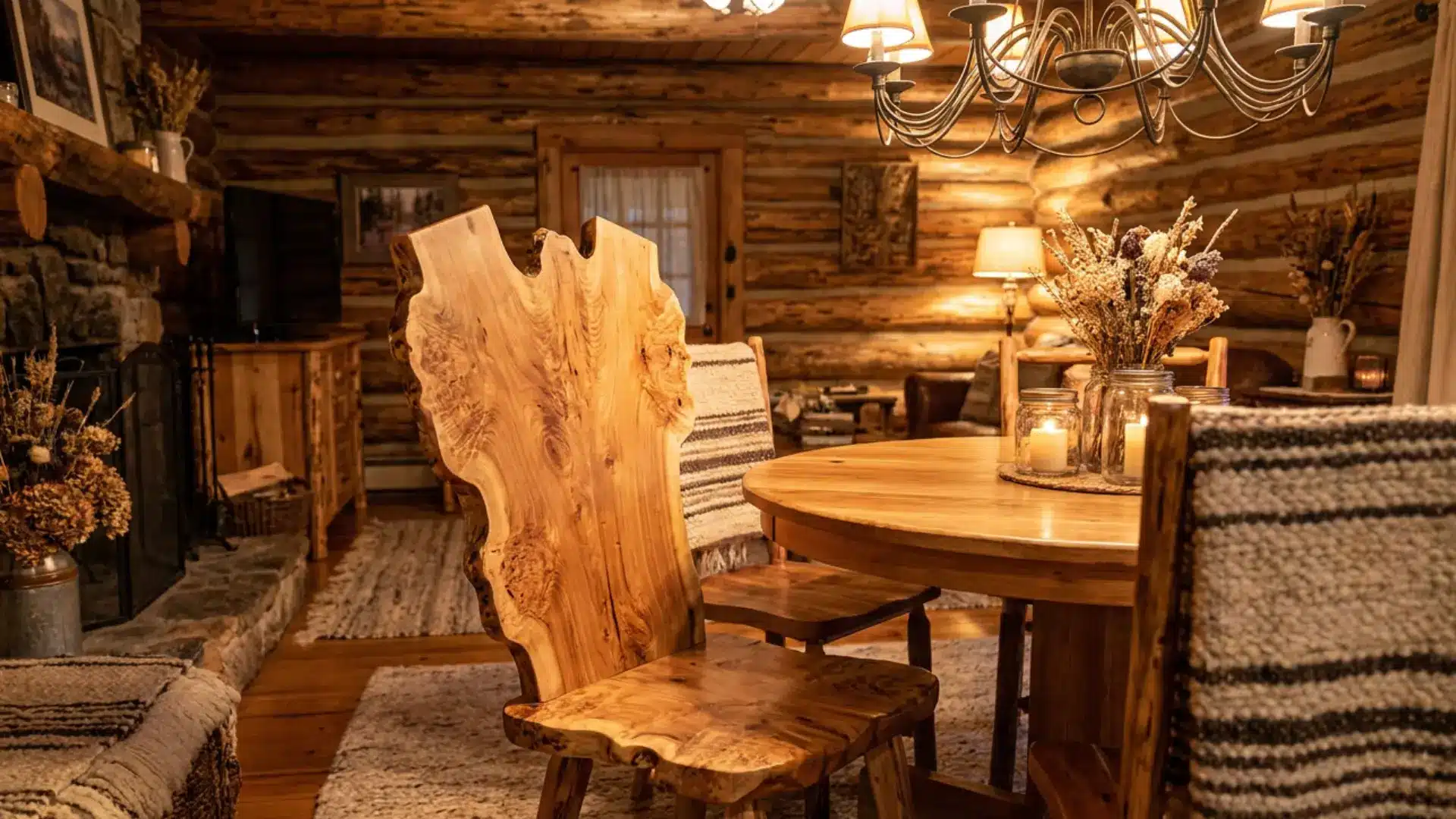 live edge wooden dining chair with natural grain in rustic cabin style dining room warm earthy tones