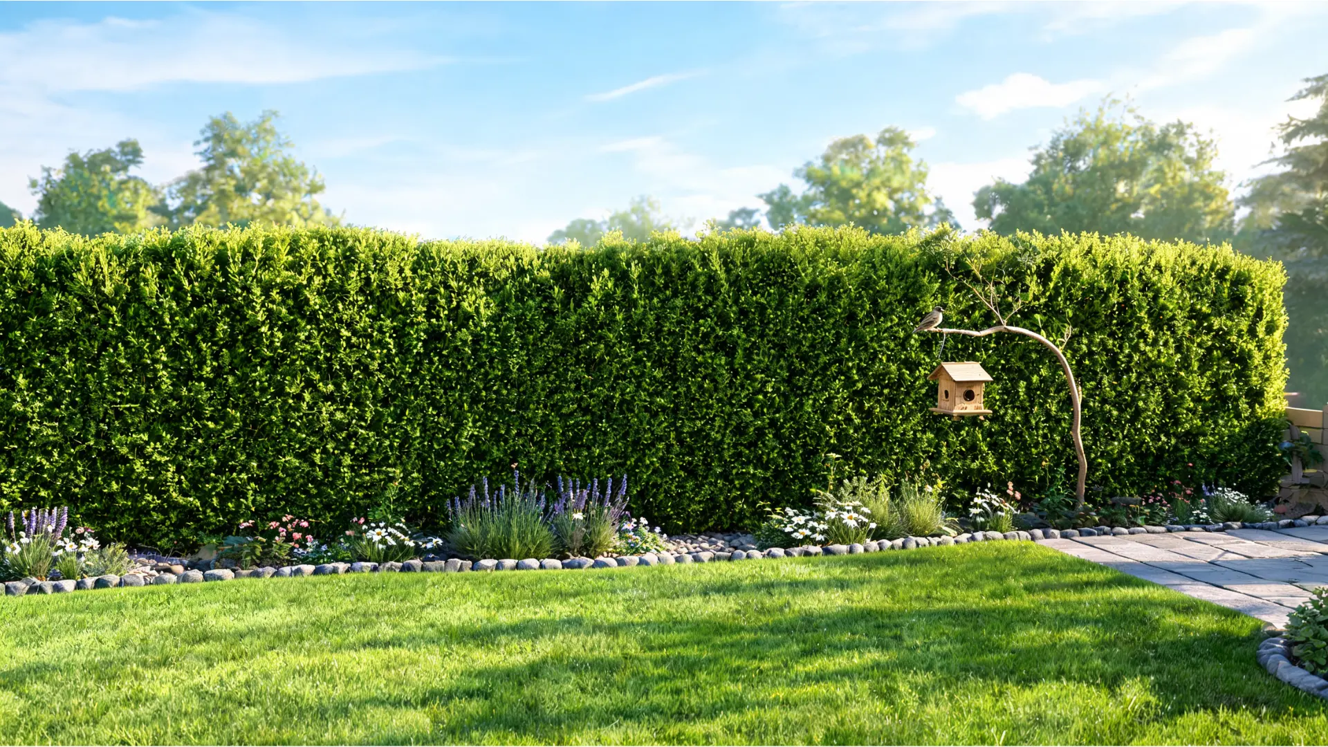 living hedge fence with dense green shrubs creates a soft natural privacy screen in a calm backyard garden