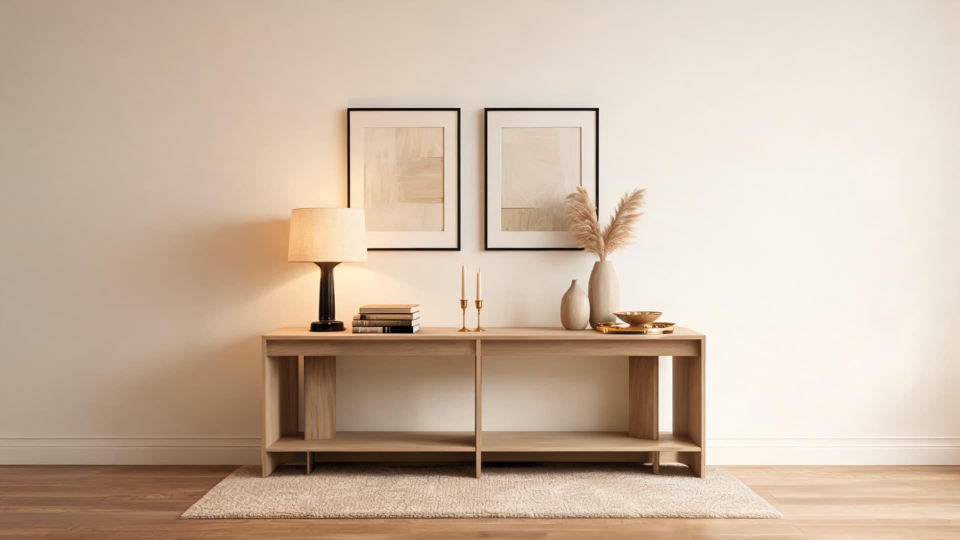 minimal living room console table decor with framed artwork warm lighting and neutral styling