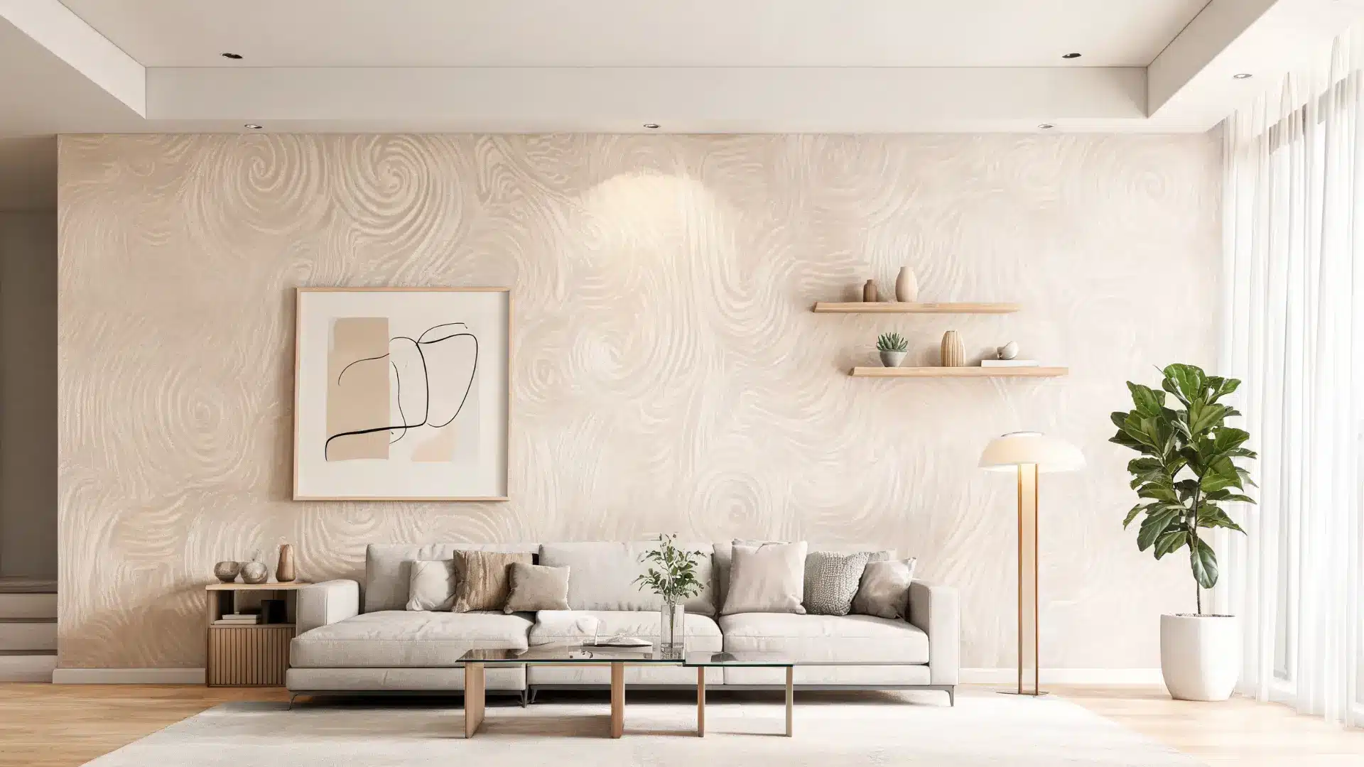 living room wall with roller texture drywall finish, soft swirls and neutral modern décor