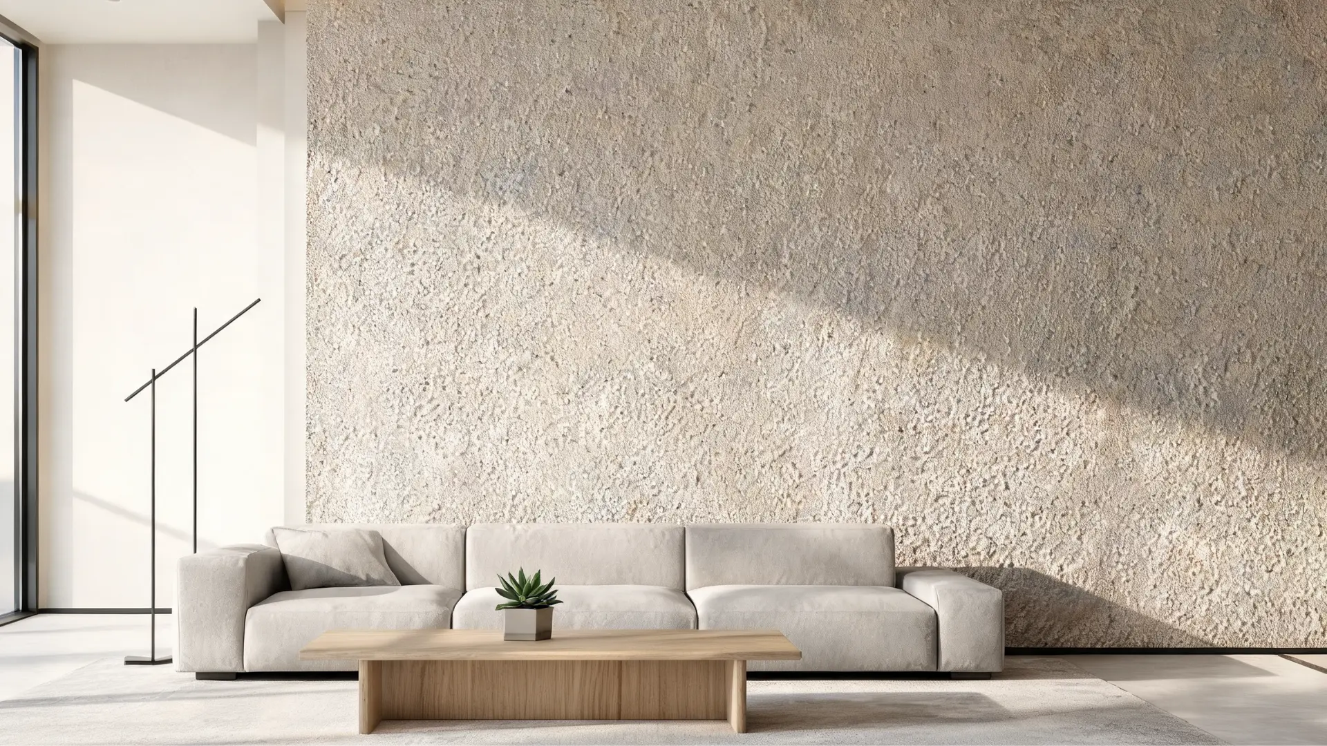 living room wall with spray sand drywall texture, slightly rough finish and contemporary neutral décor