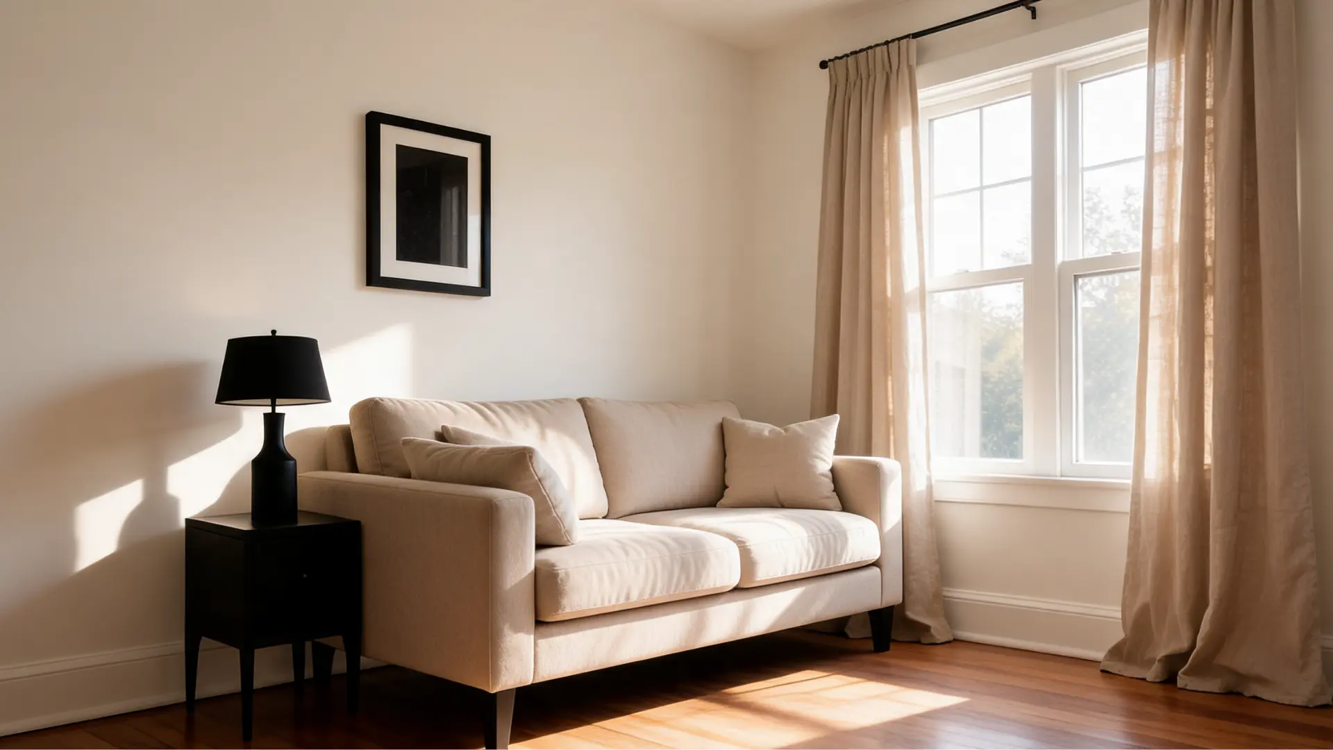 living room with Alabaster SW 7008 walls, warm wood floors, neutral sofa, and black accents