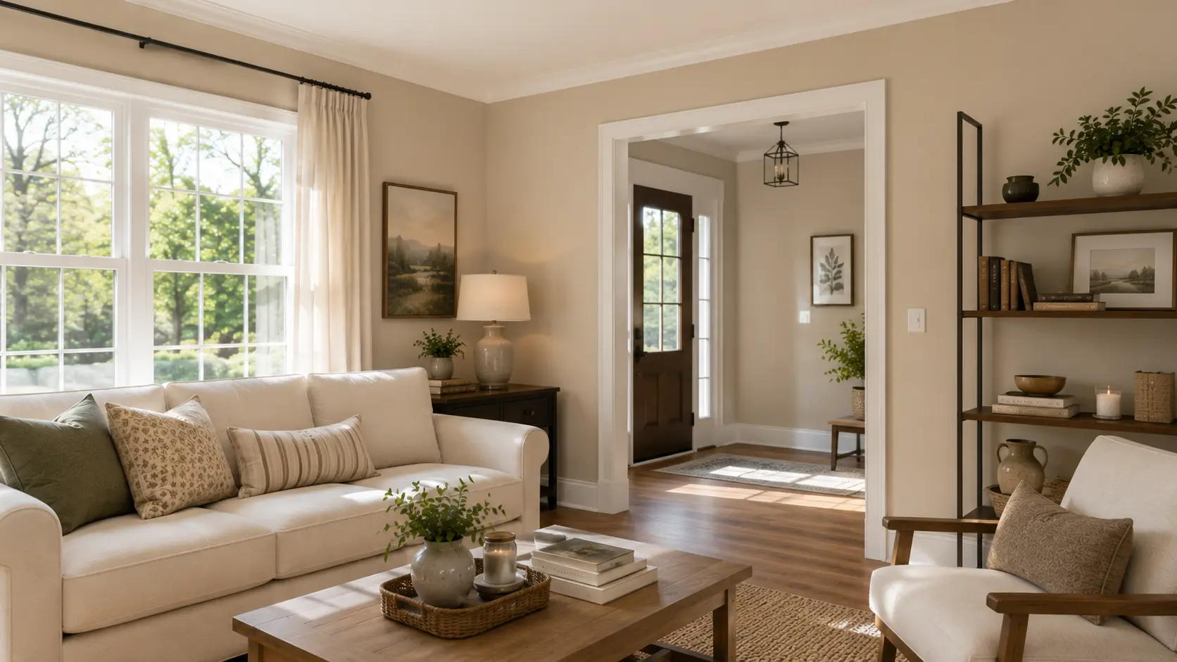 living room with bungalow beige walls cream sofa wood table white trim and soft daylight