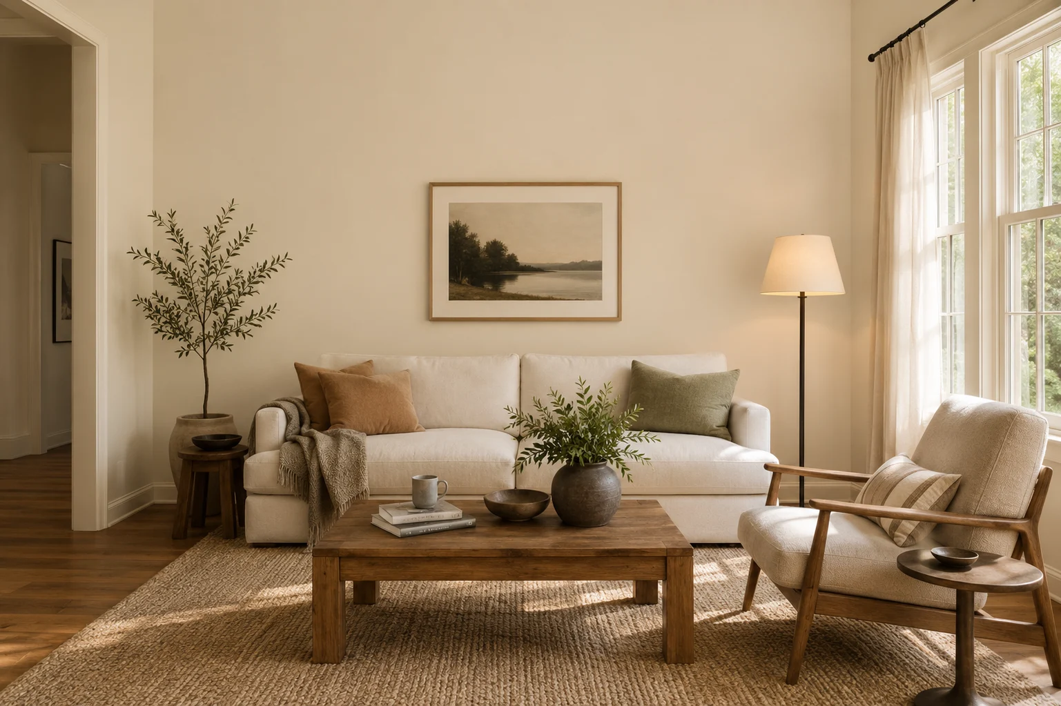 living room with manchester tan hc-81 walls, warm wood table, off-white sofa, and soft daylight