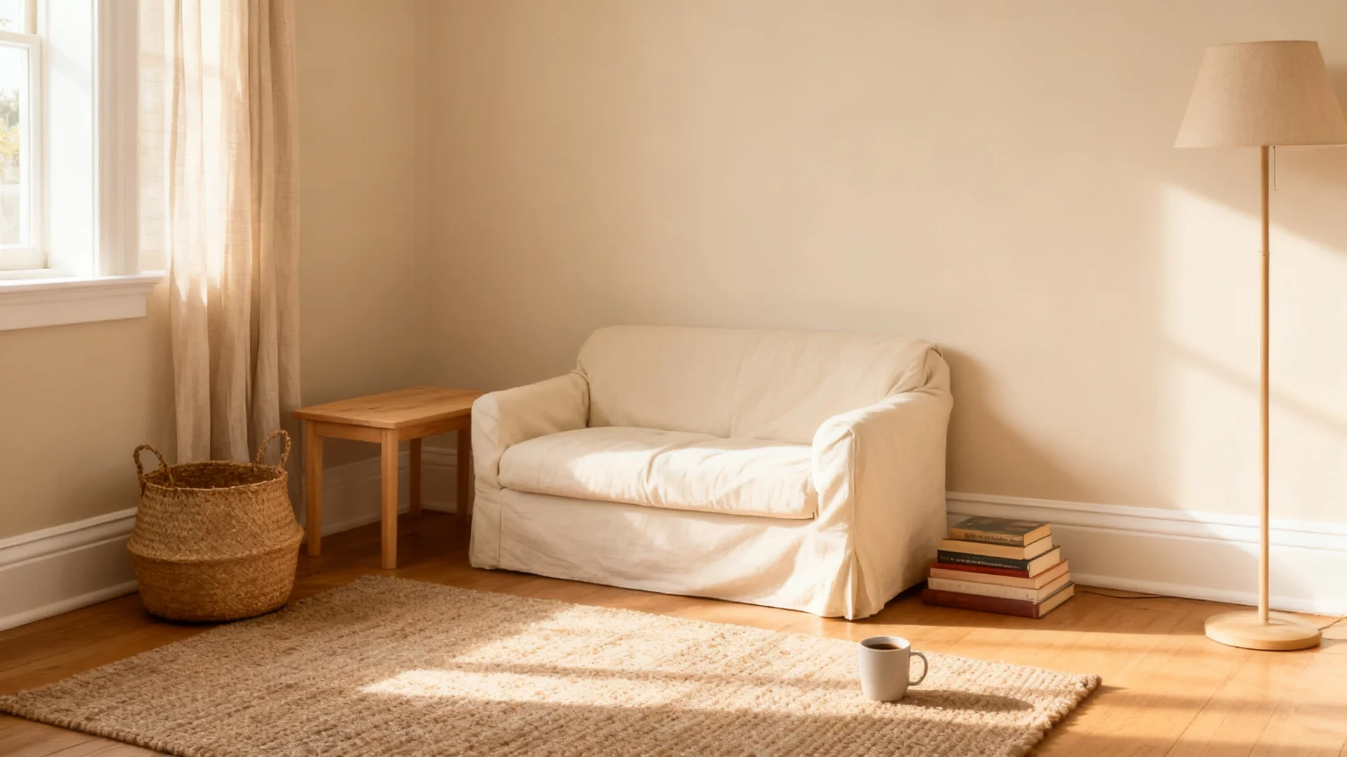 living room with natural linen walls, cream sofa, light wood accents, woven textures, and warm soft lighting