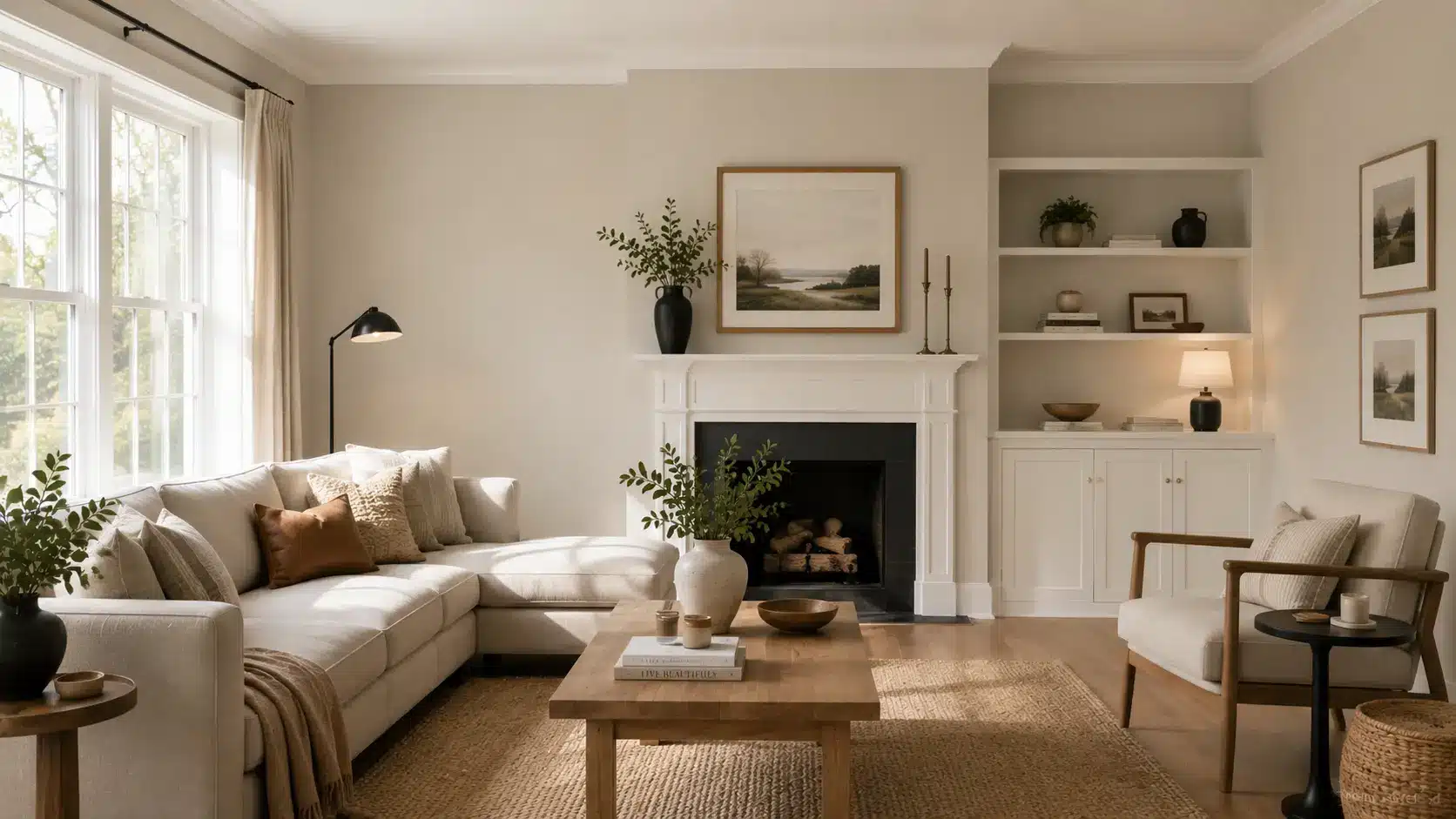 living room with pale oak walls linen sofa dark accents wood furniture and white trim