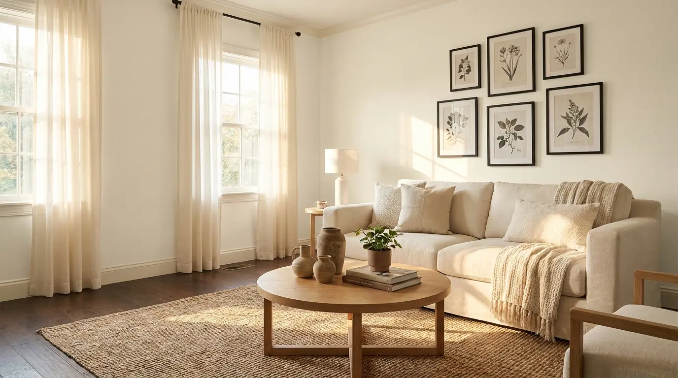 Living room with White Duck walls, linen sofa, wood coffee table and woven rug