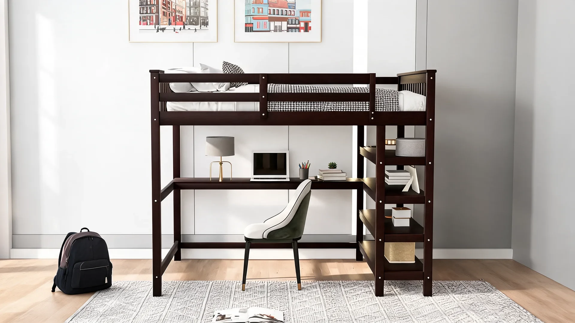 loft bunk bed with desk below in a small teen bedroom with shelves and study space