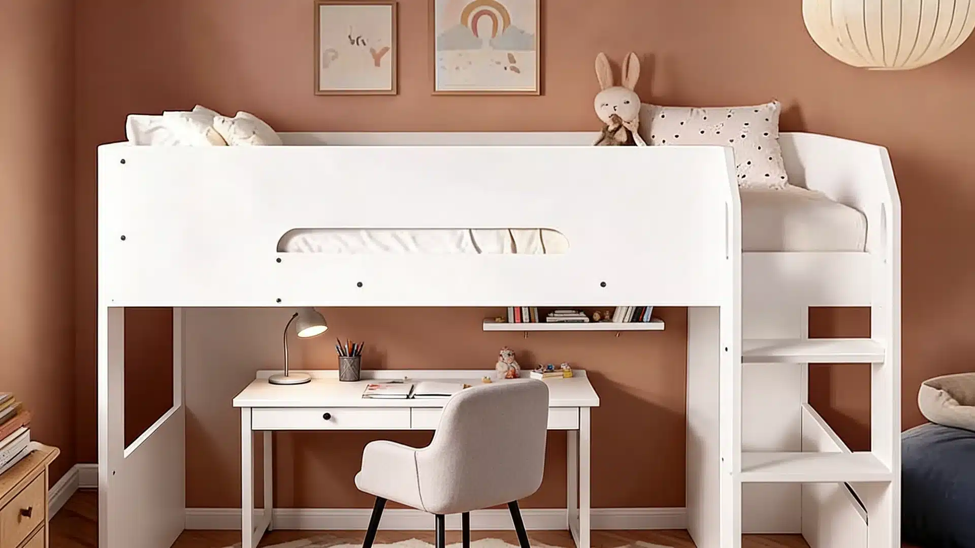 low bunk bed for younger kids in a small bedroom with soft rug and simple storage