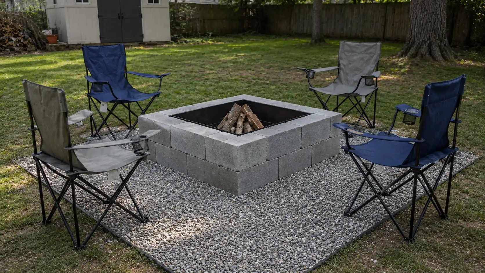 low cost fire pit landscape design with block fire pit, gravel base, folding camp chairs, backyard lawn, shed, and trees