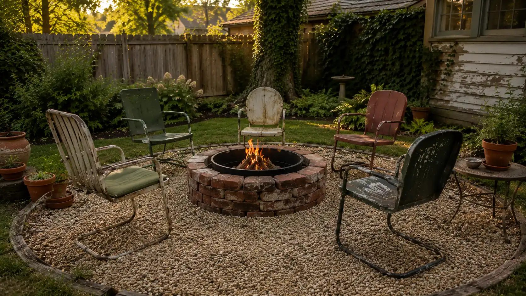 low cost fire pit landscape design with brick fire pit, gravel circle, vintage chairs, potted plants, fence, and greens