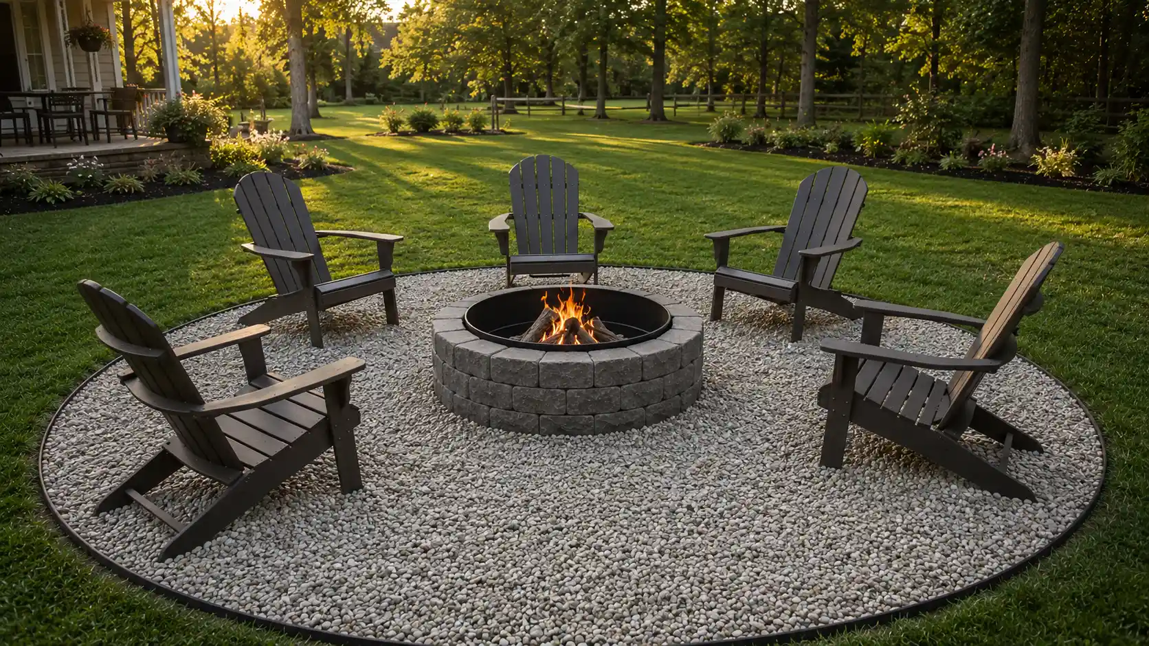 low cost fire pit landscape design with circular gravel patio, stone fire pit, adirondack chairs, green lawn, and trees
