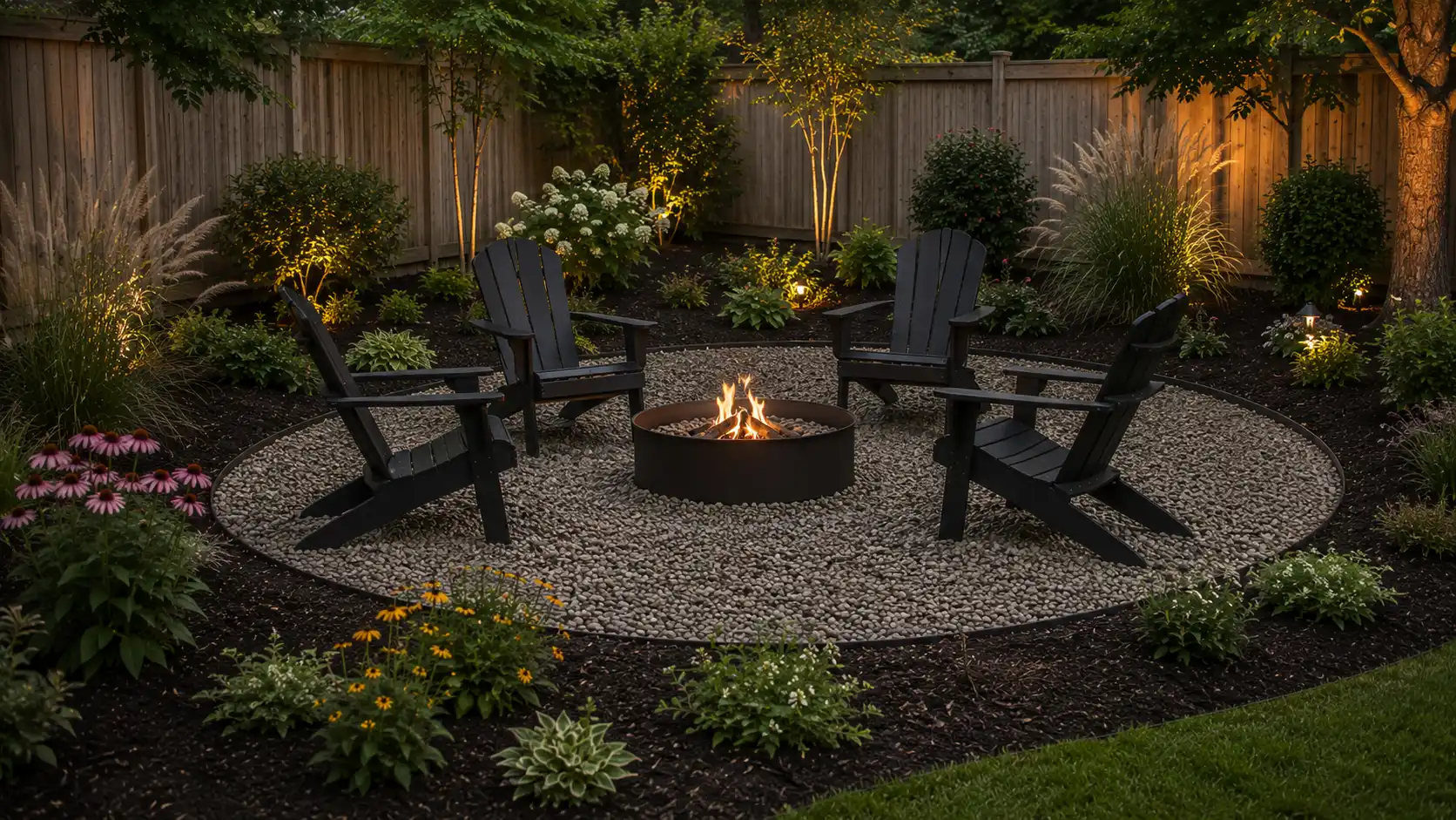 low cost fire pit landscape design with gravel circle, adirondack chairs, bowl fire pit, decorative plants, and lawn