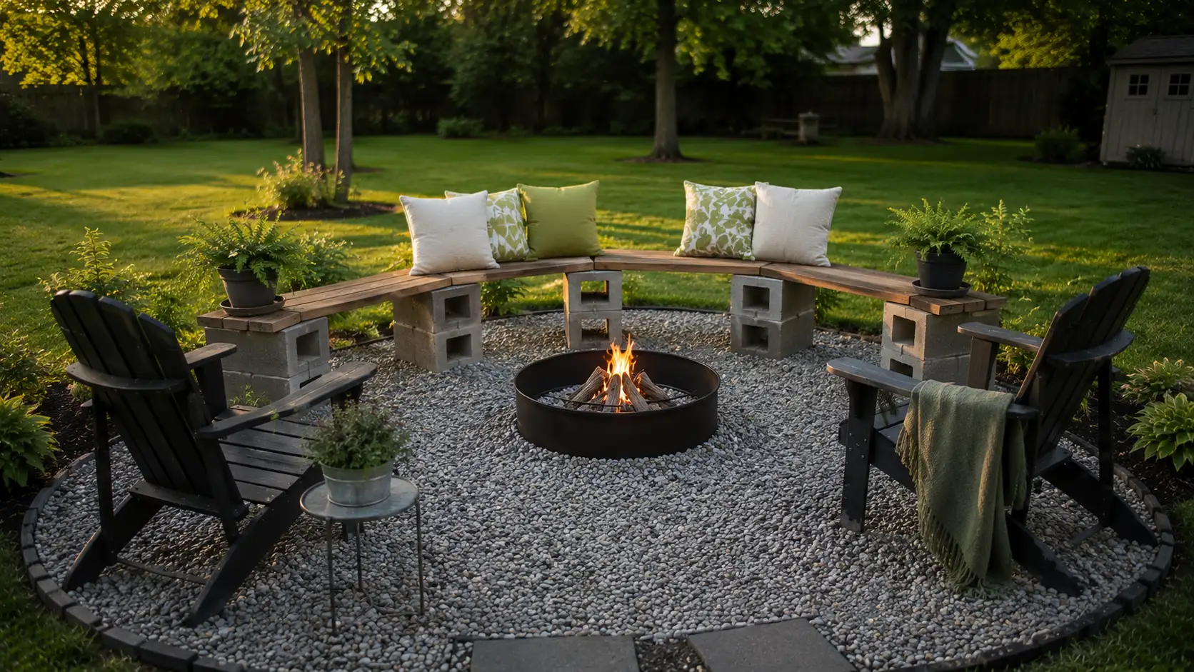low cost fire pit landscape design with gravel circle, cinder block bench, black chairs, fire ring, pillows, and plants