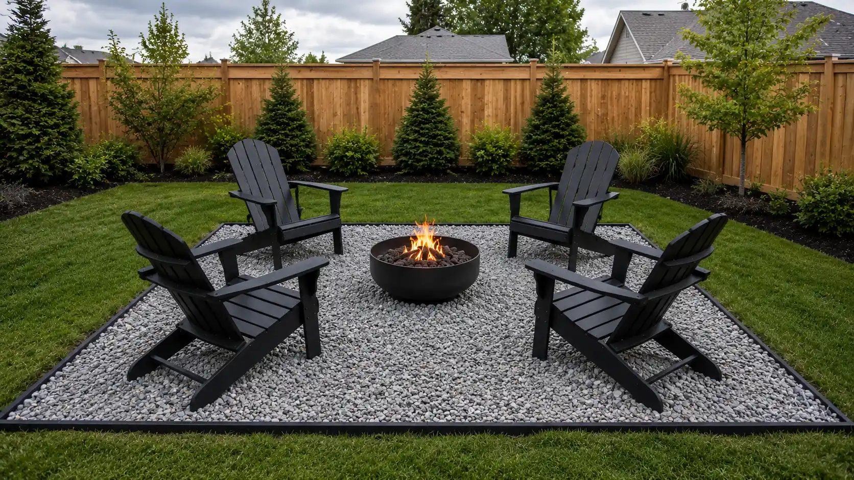 low cost fire pit landscape design with gravel pad, black adirondack chairs, metal fire bowl, fence, lawn, and shrubs