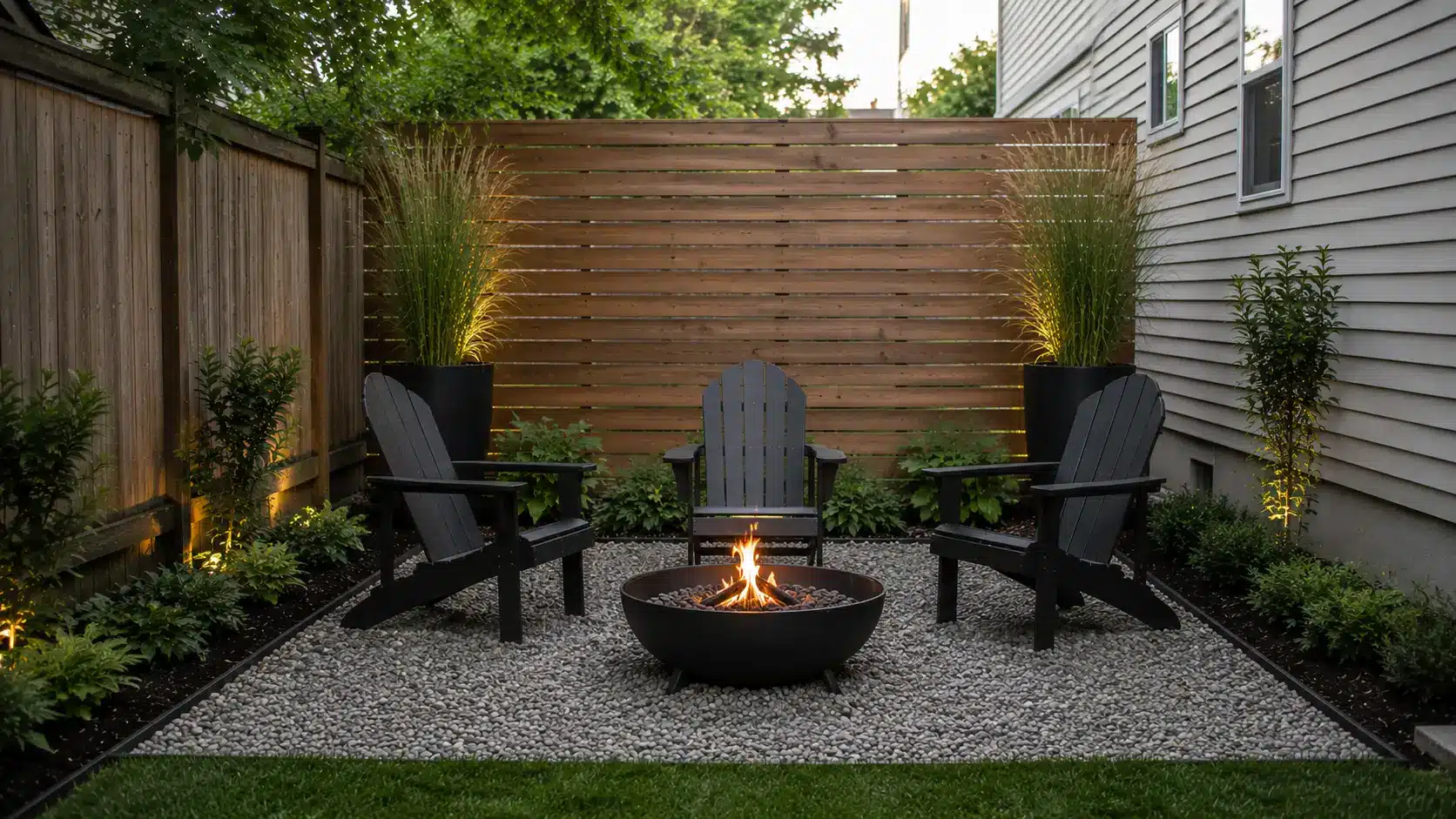 low cost fire pit landscape design with gravel patio, black adirondack chairs, wood privacy screen, and a bowl fire pit