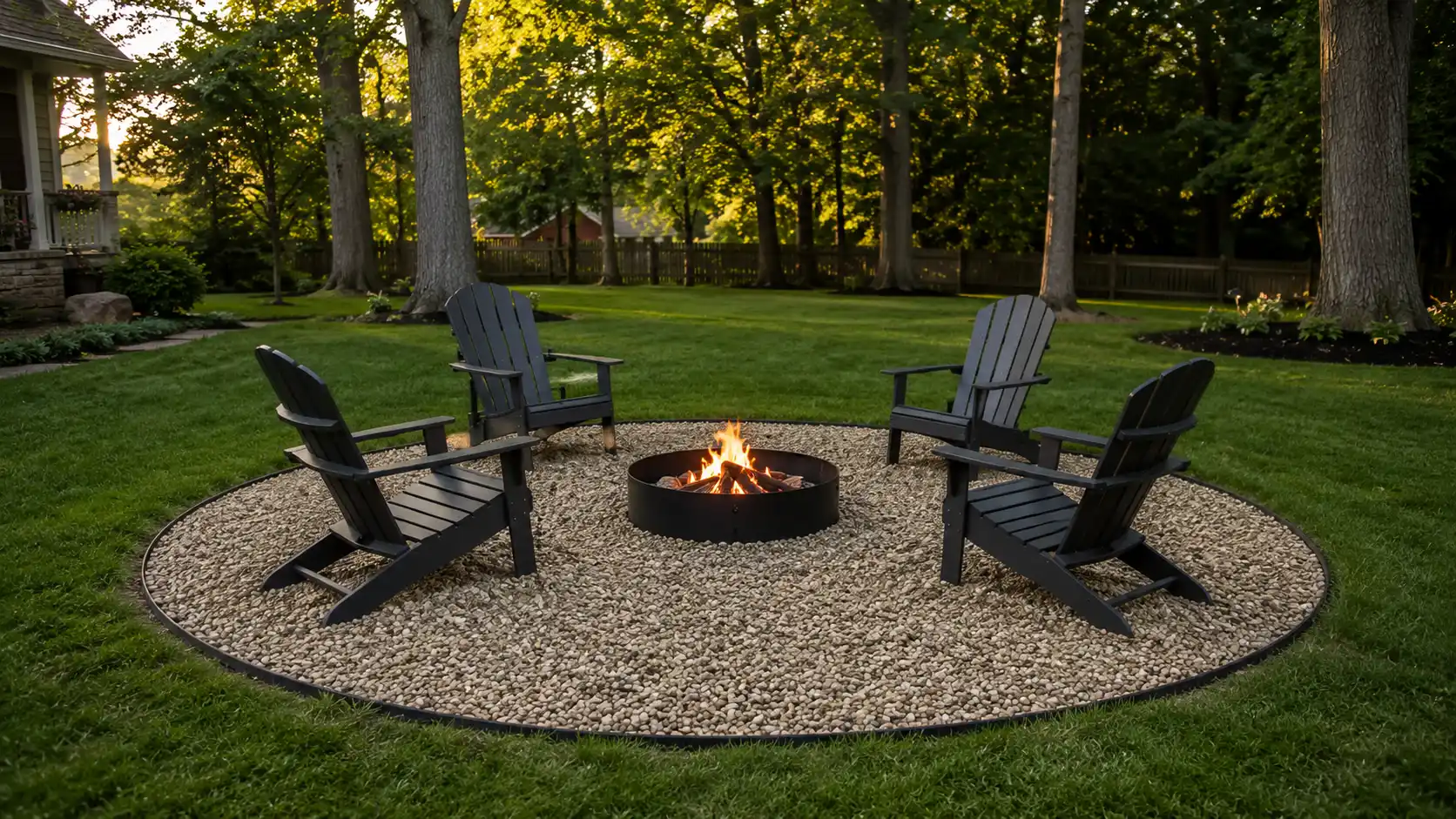 low cost fire pit landscape design with gravel patio, black chairs, round fire pit, green lawn, and backyard trees