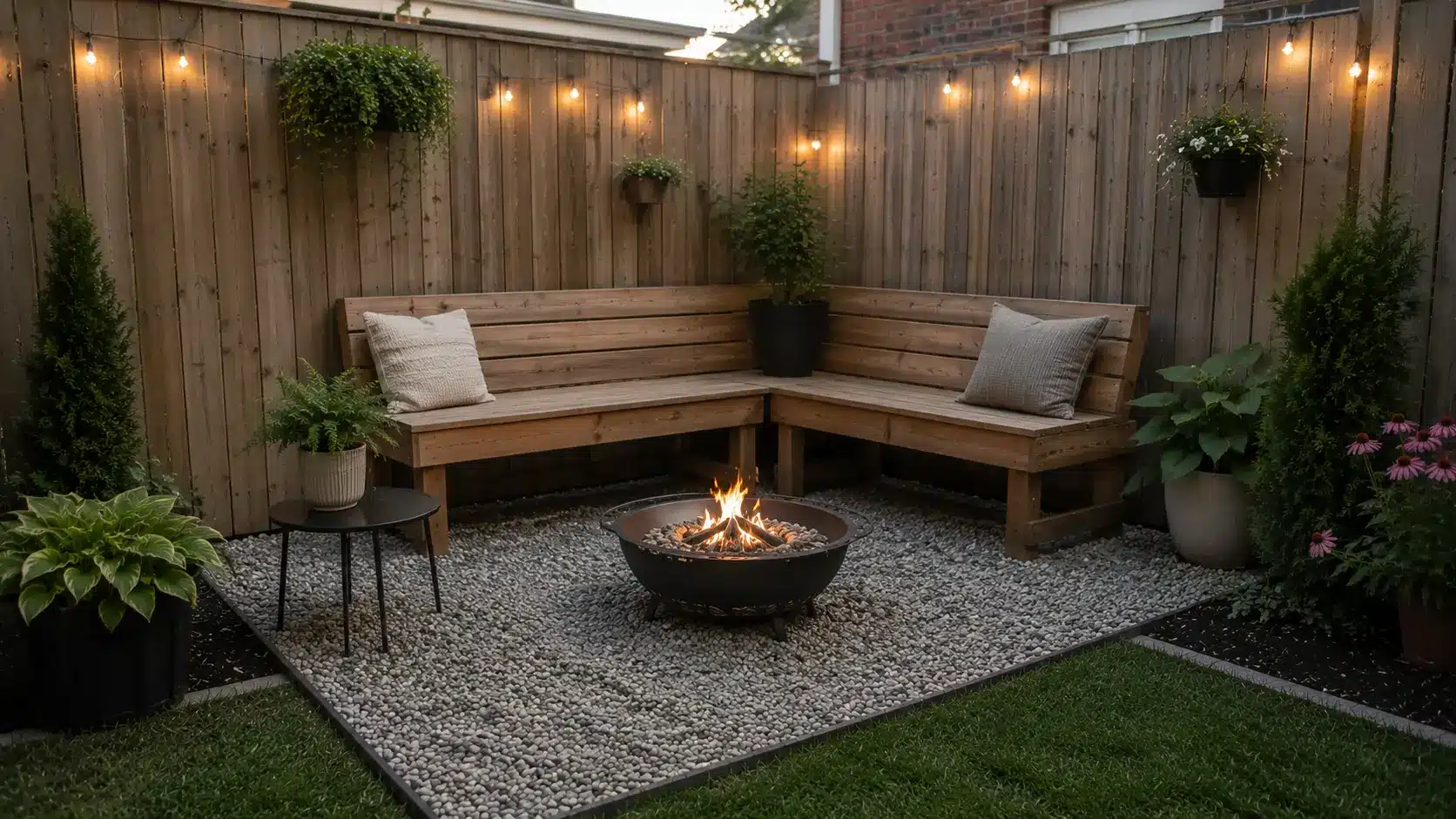 low cost fire pit landscape design with gravel patio, corner wood bench, string lights, bowl fire pit, plants, and fence