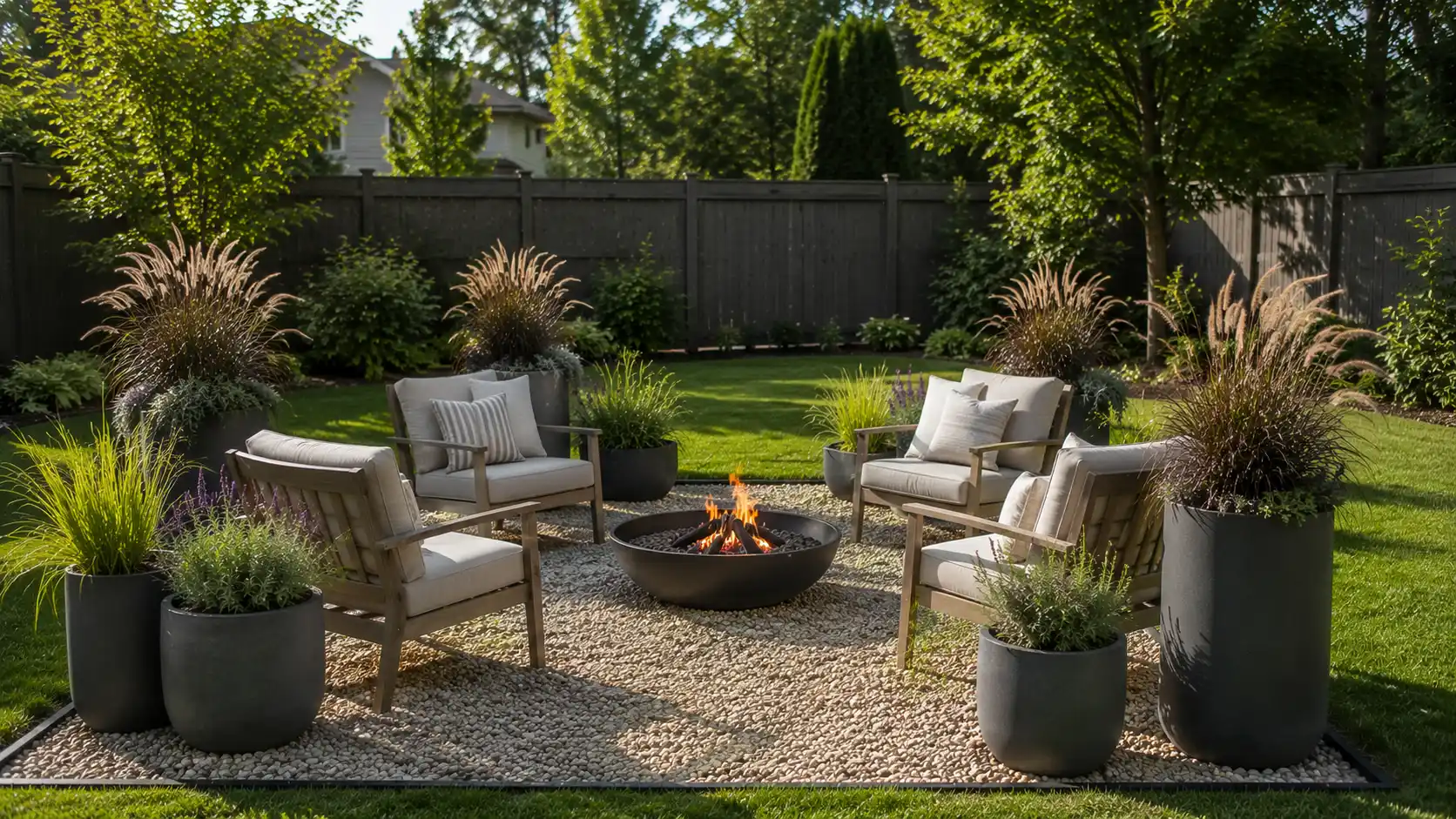 low cost fire pit landscape design with gravel patio, cushioned chairs, bowl fire pit, tall planters, grasses, and lawn