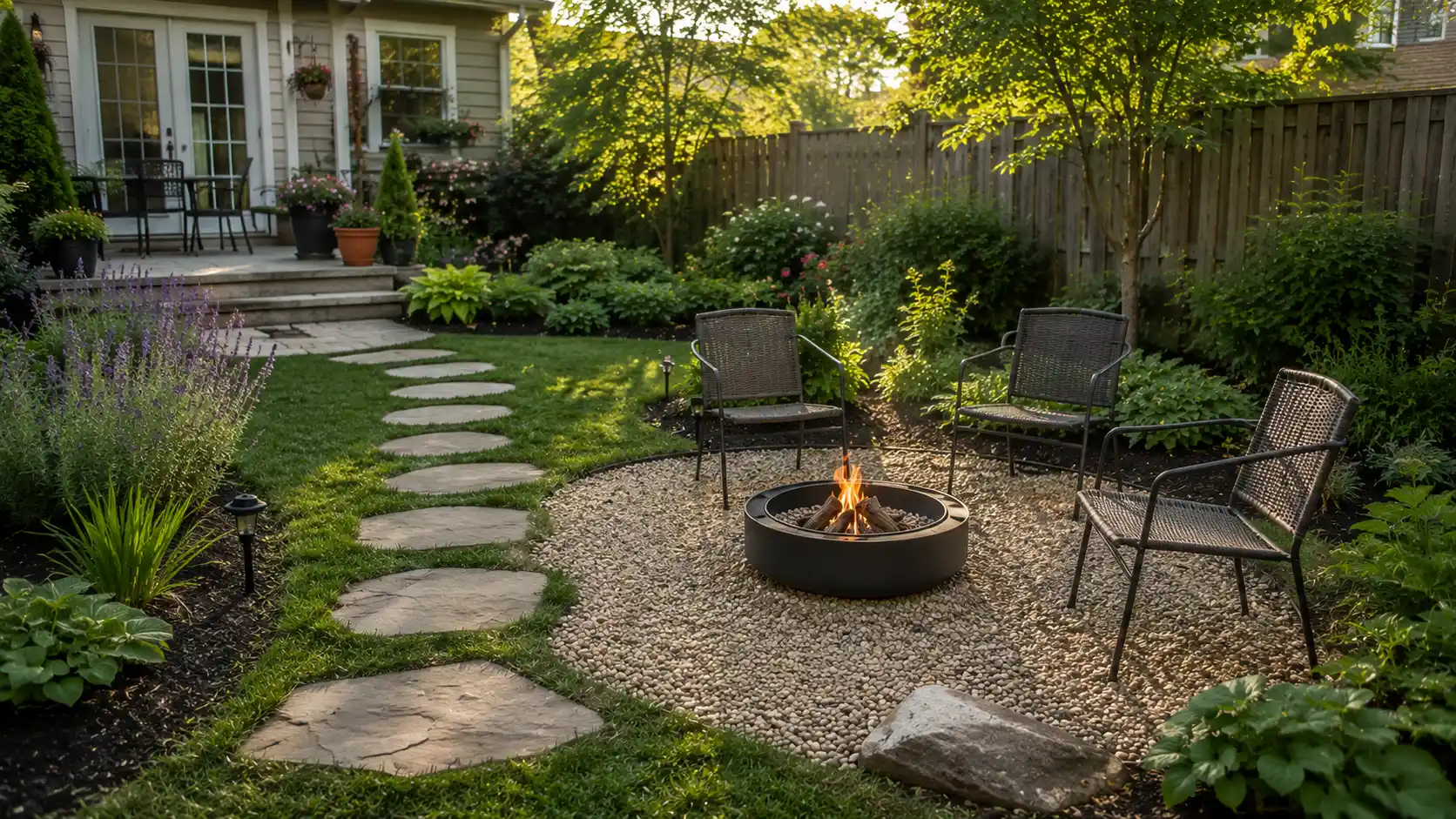 low cost fire pit landscape design with gravel seating area, metal fire pit, garden path, woven chairs, and plants