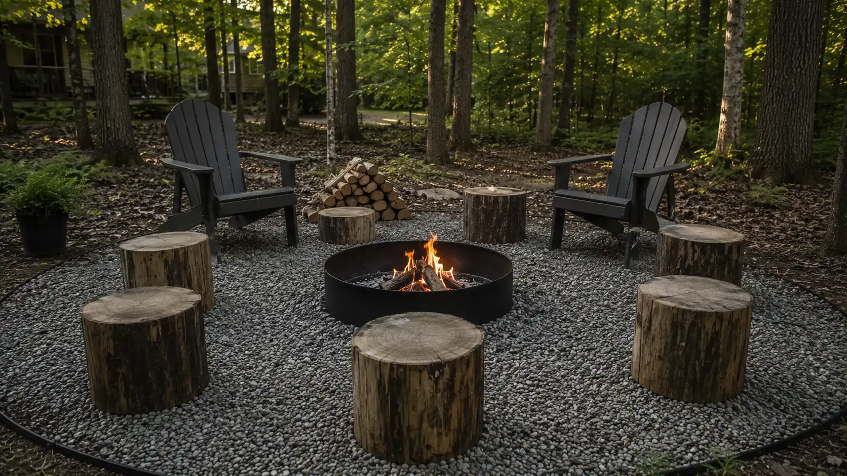 low cost fire pit landscape design with gravel woodland patio, black fire ring, chairs, log stools, firewood, and trees
