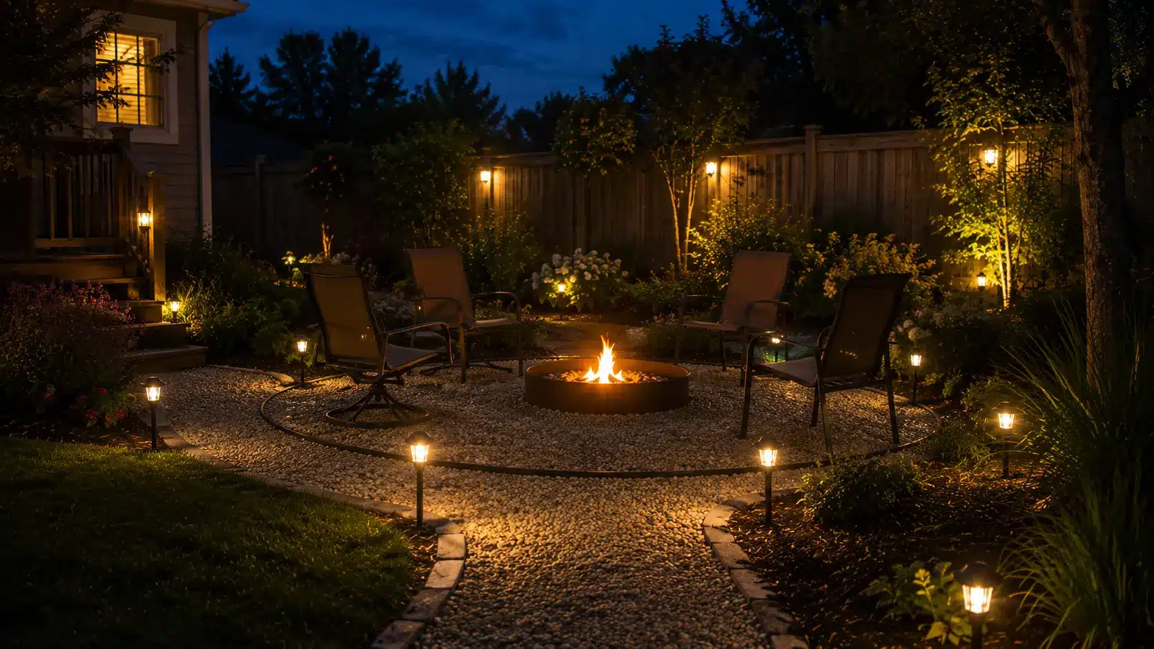 low cost fire pit landscape design with night lighting, gravel path, metal fire pit, patio chairs, garden bed, and fence