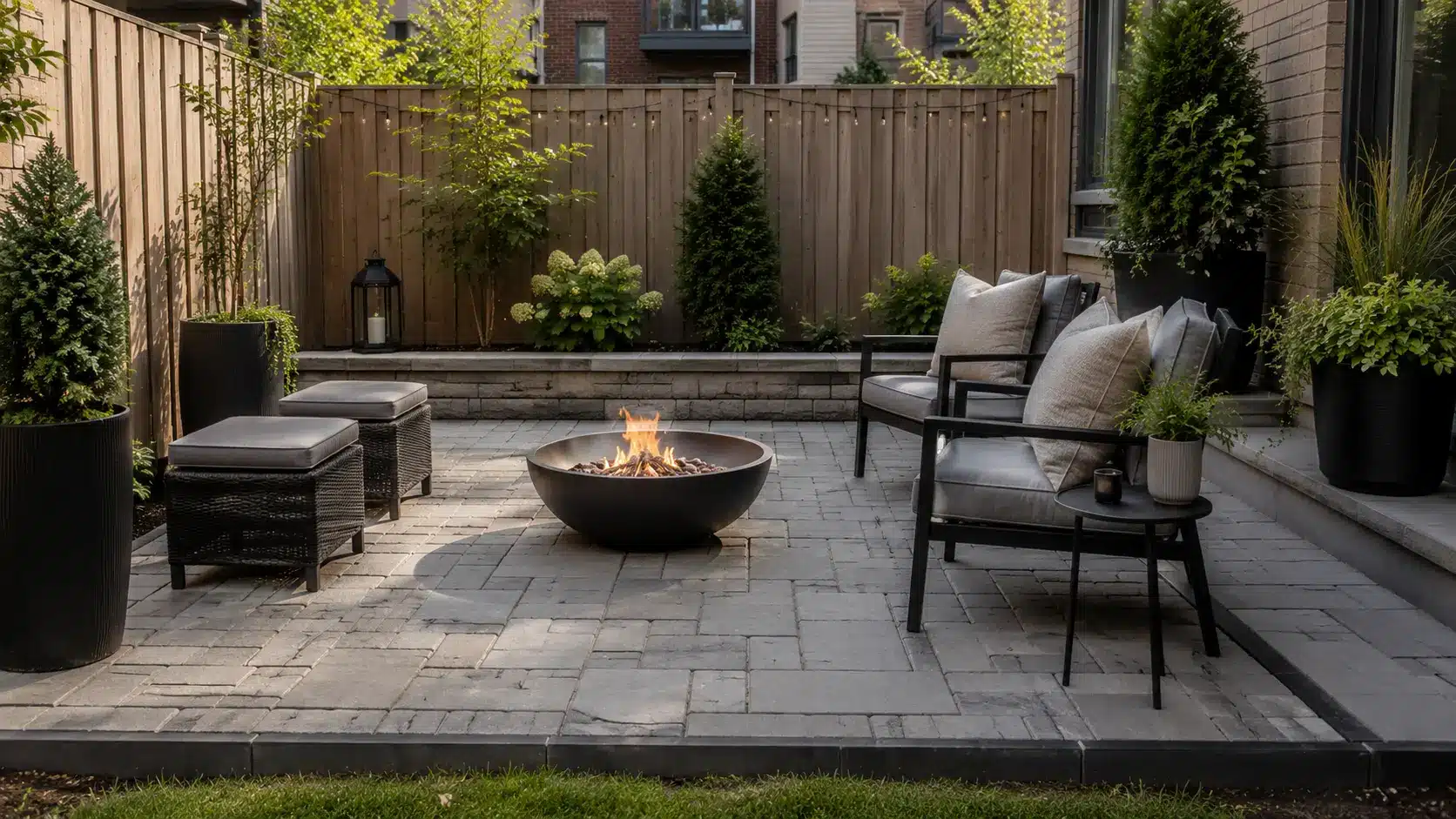 low cost fire pit landscape design with paver patio, black seating, bowl fire pit, privacy fence, and potted plants
