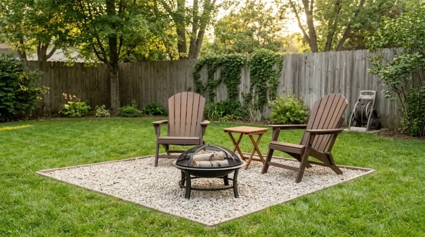 low cost fire pit landscape design with square gravel base, bowl fire pit, adirondack chairs, wooden table, and a lawn