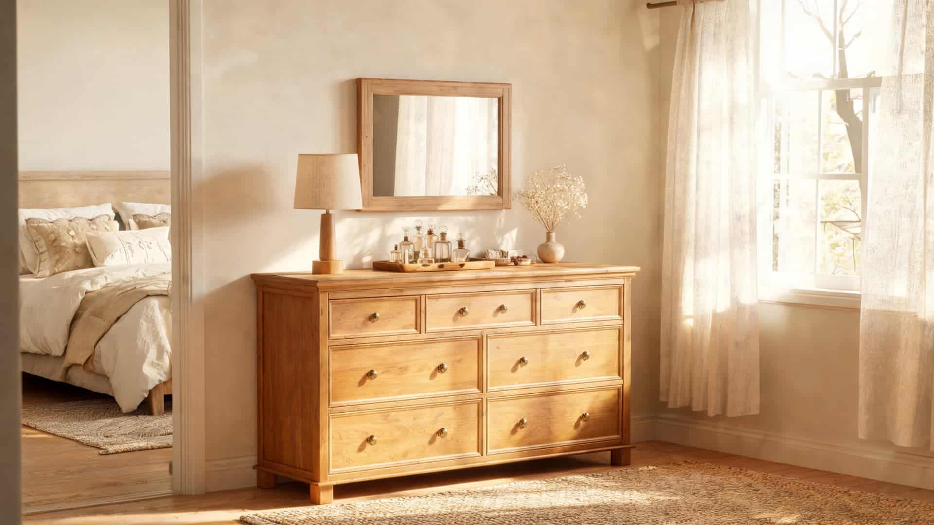 sunlit bedroom with elegant wooden lowboy dresser cozy neutral decor and warm vintage inspired interior design