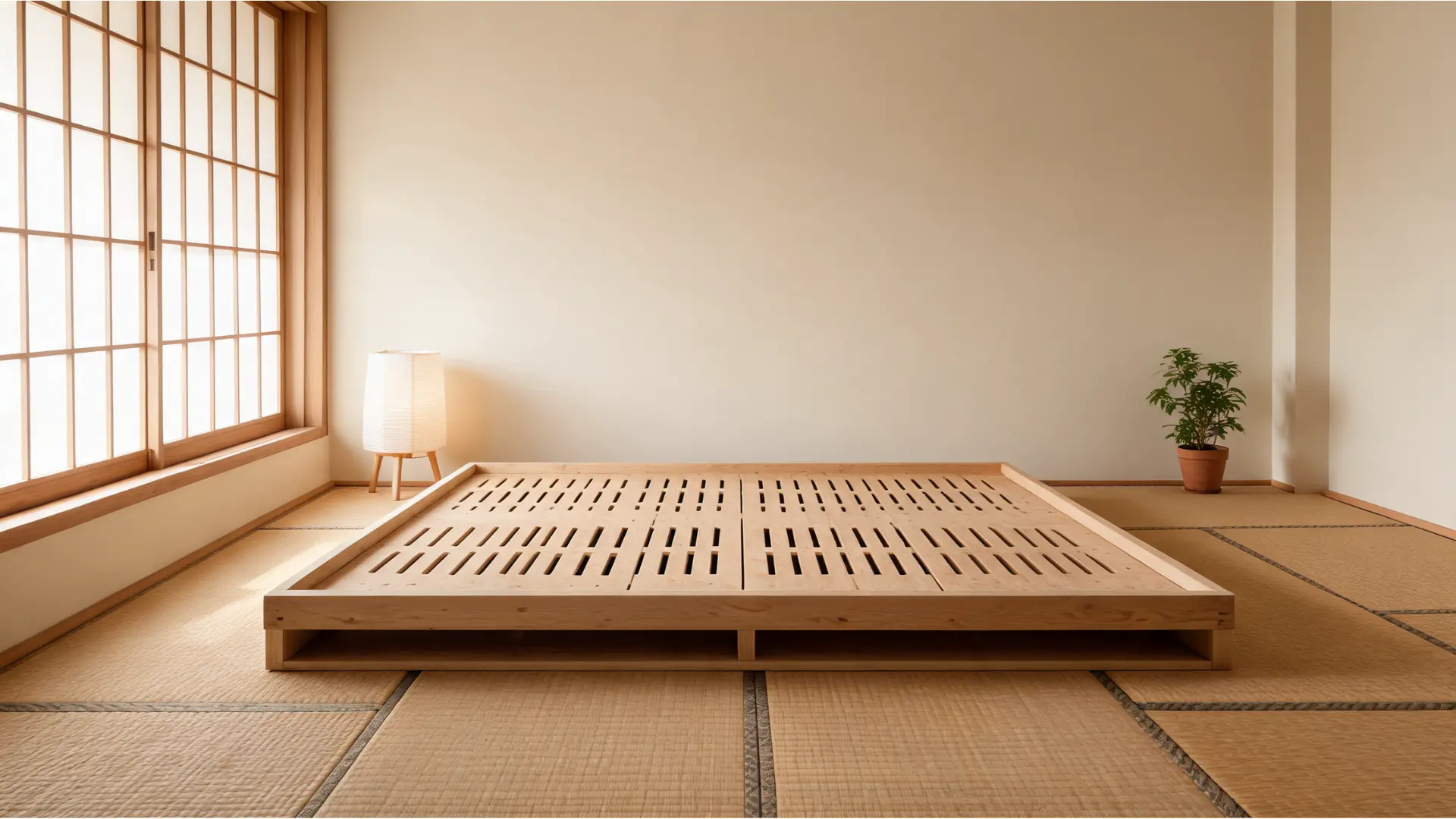 low plywood bed frame sitting close to the floor in a minimal bedroom with a woven mat and soft natural light