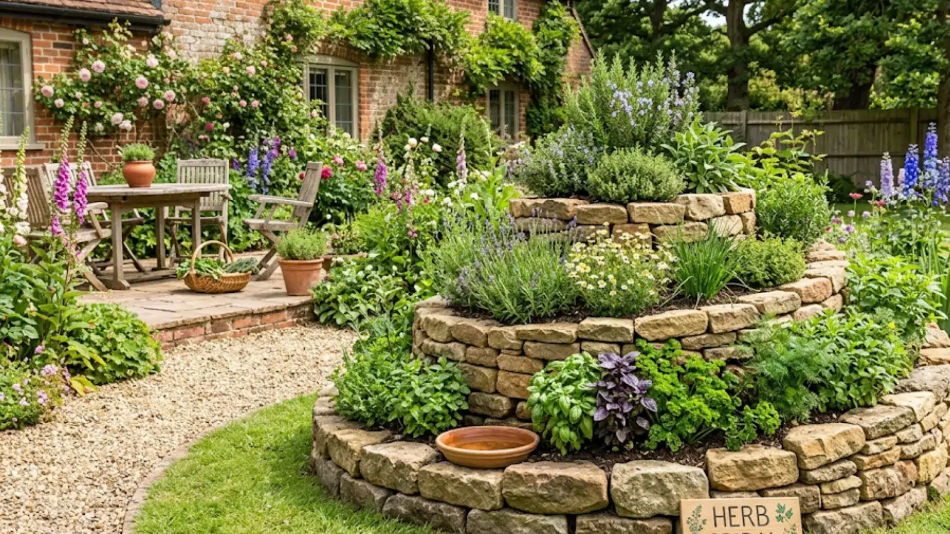 lush, multi-tiered stone herb spiral anchors this charming English cottage garden, separating organized culinary plants from the wild flower beds