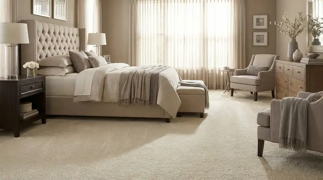 luxurious saxony carpet in elegant bedroom with soft lighting and refined interior design