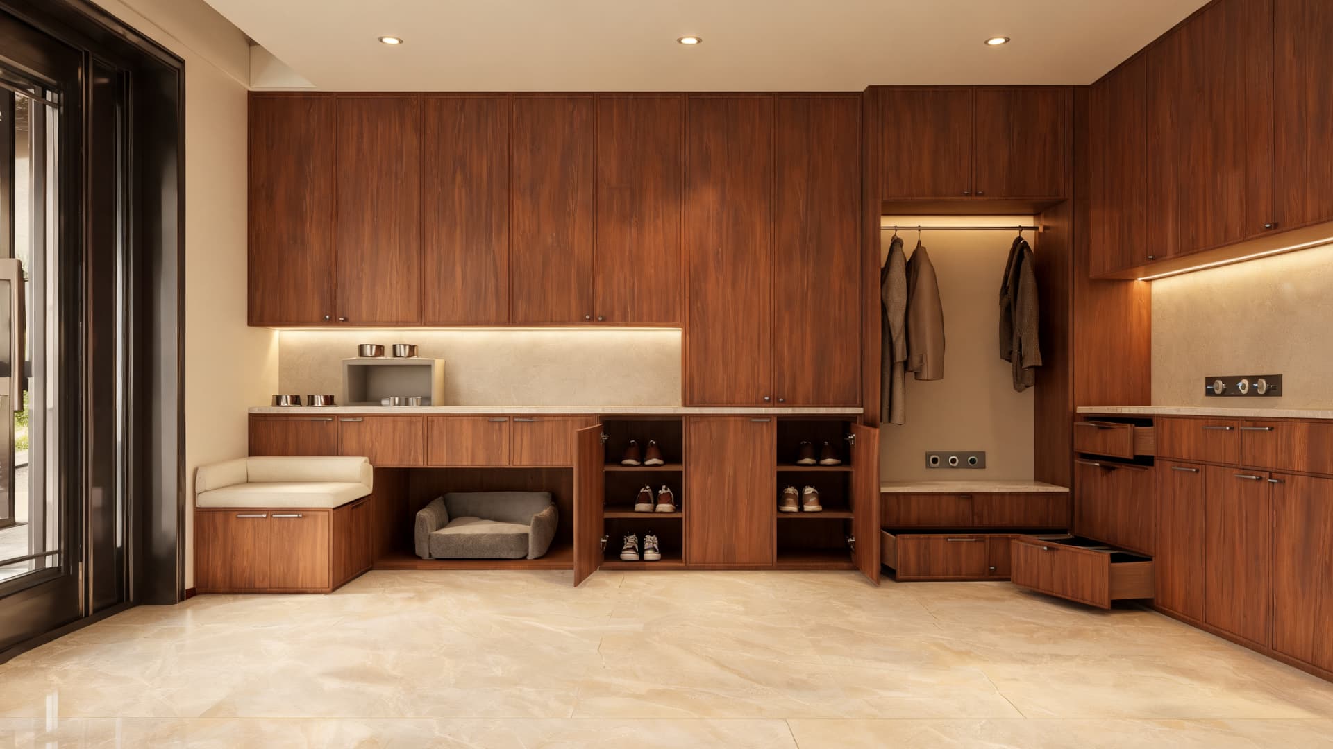 luxury modern mudroom with rich wood cabinetry built in shoe storage bench seating and warm ambient lighting