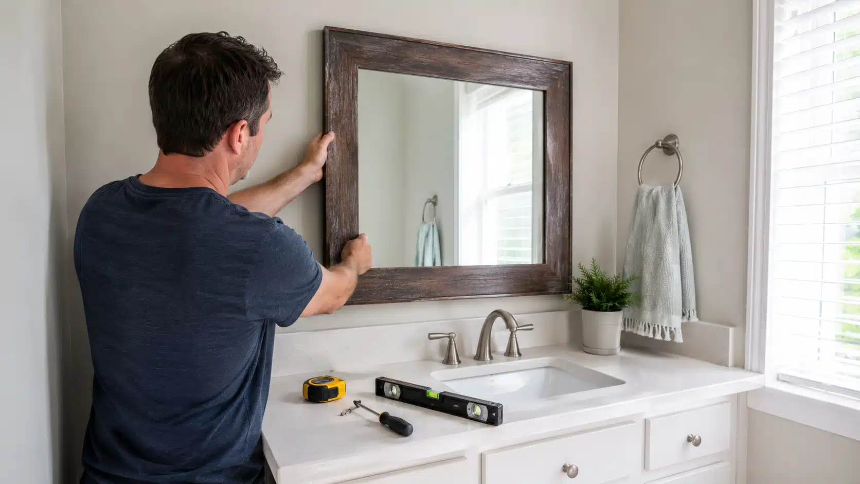 man hanging a framed bathroom mirror during diy home projects, with a level, screwdriver, and tape measure on vanity