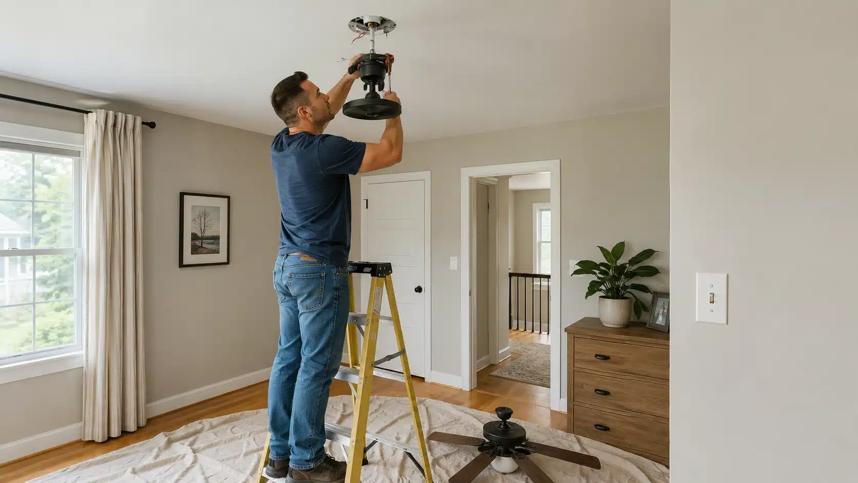 man installing ceiling fan during diy home projects, standing on ladder with tools, drop cloth, and fan blades nearby